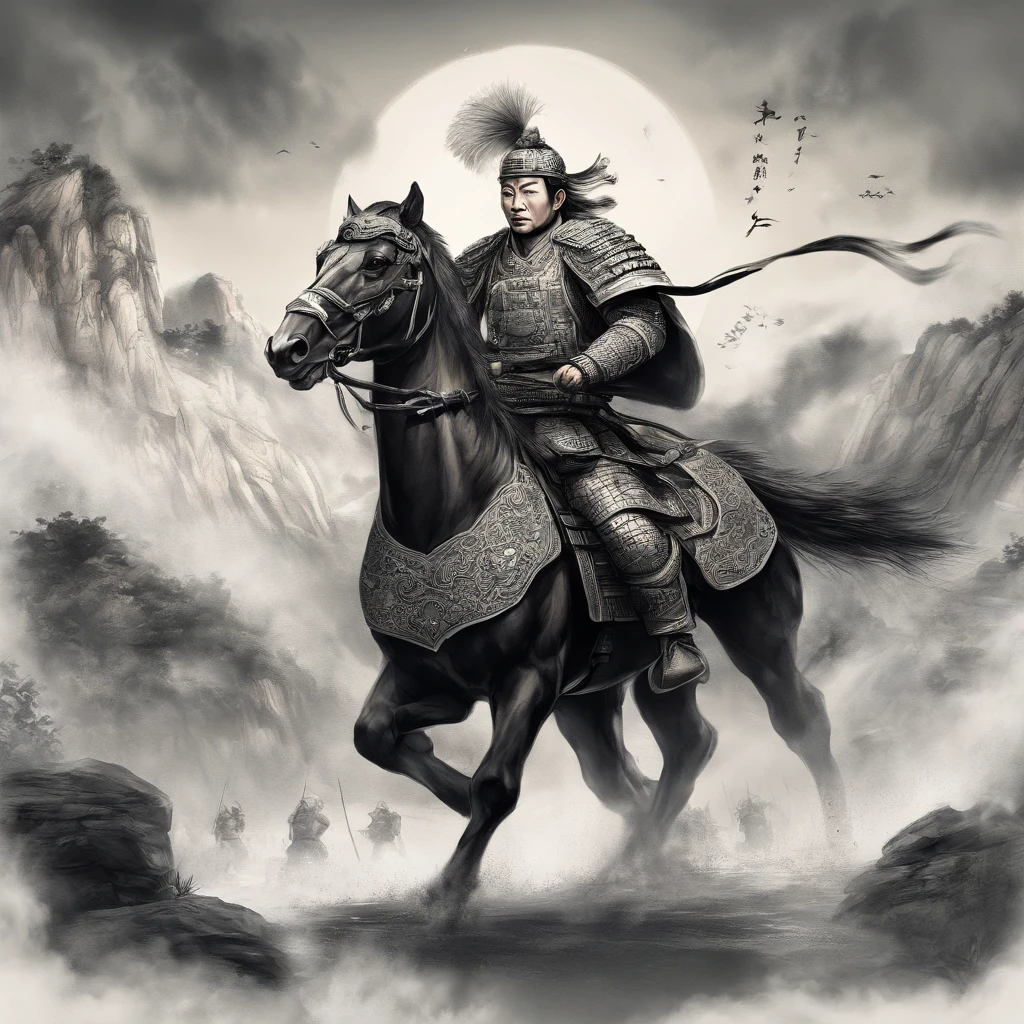 (best quality,4k,8k,highres,masterpiece:1.2),ultra-detailed,(realistic,photorealistic,photo-realistic:1.37),Chinese general,traditional art style,richly colored uniforms,vivid and dynamic brushstrokes,ancient battlefield setting,warrior spirit,ornamental armor and helmet,symbolic horse,commanding presence,courageous expression,heroic posture,historical portrait,proud and noble features,ink and wash painting style,finely detailed facial features,dynamic composition,imposing stature,strategic battlefield map,strong and confident gaze,fierce determination,bursting energy,ancient war flag,foggy ambiance,golden sunlight illuminating the scene,traditional Chinese calligraphy in the background,authentic battle scene,attention to historical accuracy,dynamic motion,commanding army in the distance,majestic mountains as backdrop,impressive battle formation,martial arts expertise and weapons proficiency,wisdom and leadership,aura of authority,atmospheric perspective,dramatic lighting,heroic legend,classic Chinese metaphor,strong sense of tradition and cultural heritage