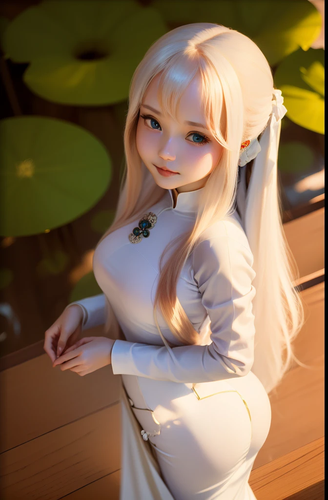 masutepiece, Best Quality, hight resolution,portlate, (((detail portrayal、8K分辨率))), (((Beautiful face drawn in detail))),Full Body Angle,Smirking expression、Solo, bright light blue eyes, Beautiful silky silver hair、(((Beautiful Ao Dai:1.3、Ao Dai,Beautiful white Ao Dai)))、(((Captured from above、Subjects looking up)))、plein air、Lotus Lake