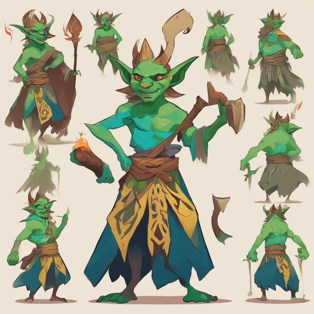 One small female greenish yellow goblin. Outwardly pointed ears Blue gray eyes. Long straight dark blue hair. Dark tribal hide outfit. Crop top. Thigh split long skirt. Teal blue tribal body paint. Long greenish yellow goblin tail with dark blue tuff at the end. Alchemist. Cute. Spooky.