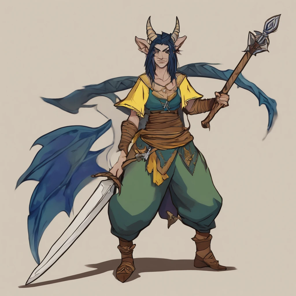 One small female greenish yellow goblin.  Outwardly pointed ears  Blue gray eyes.  Long straight dark blue hair.  Dark tribal hide outfit.  Crop top.  Thigh split long skirt.  Teal blue tribal body paint.  Long greenish yellow goblin tail with dark blue tuff at the end.  Alchemist.  Cute.  Spooky.