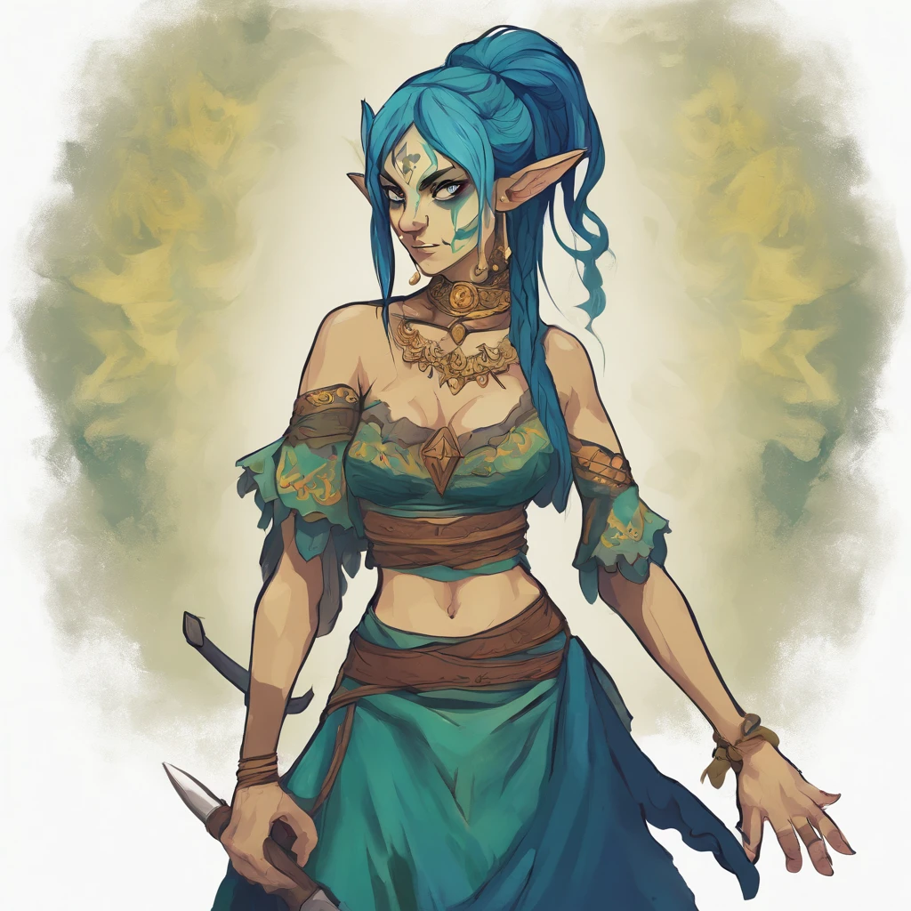 One small female greenish yellow goblin. Outwardly pointed ears Blue gray eyes. Long straight dark blue hair. Dark tribal hide outfit. Crop top. Thigh split long skirt. Teal blue tribal body paint. Long greenish yellow goblin tail with dark blue tuff at the end. Alchemist. Cute. Spooky.