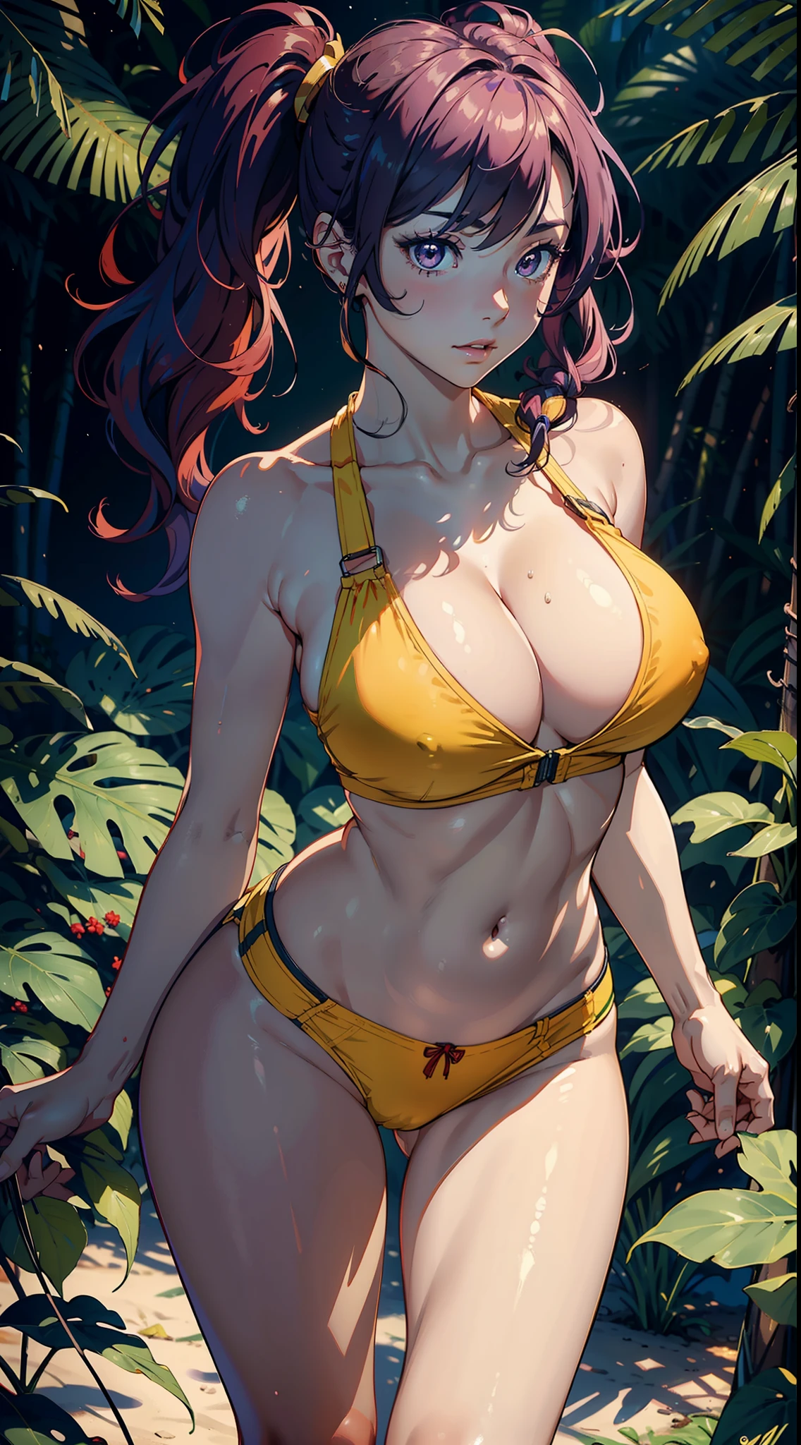 1female,head to thighs image scope, 25yo,熟妇,noodle,long legs,Big breasts Thin waist,the super hot and sexy,gigantic cleavage breasts,Pornographic exposure, 独奏,(Background with:ln the forest,the rainforest,in summer), bright purple hair with pigtails hairstyle,brazilian blowout hair, standing on your feet, smooth skin, seen from the front, curlies, mostly cloudy sky,(((tmasterpiece),(Very detailed CG unity 8K wallpaper),best qualtiy,cinematic lighting,detailed back ground,beautiful detailed eyes,Bright pupils,(Very fine and beautiful),(Beautiful and detailed eye description),ultra - detailed,digital artistic masterpiece,)),facing at camera,A high resolution,ultra - detailed, Bulge,Camel toes,Raised sexy,Flushed complexion, frontage,(Wearing: red and yellow themed sports bra, Erotic denim shorts), foliage background