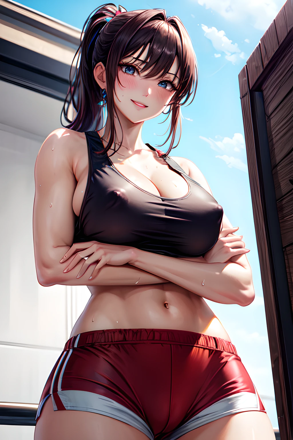 8k,Best Quality,masterpiece,Extremely detailed,(nsfw),1girl,japanese woman,(big breasts:1.3),cleavage,[[cameltoe]],covered nipples,voluptuous body,(Tank tops:1.3),(Hot Pants:1.3),ponytail,desdain smile,sweat on breasts,crossed arms,(from below),looking at viewer,((gym:1.2)),
