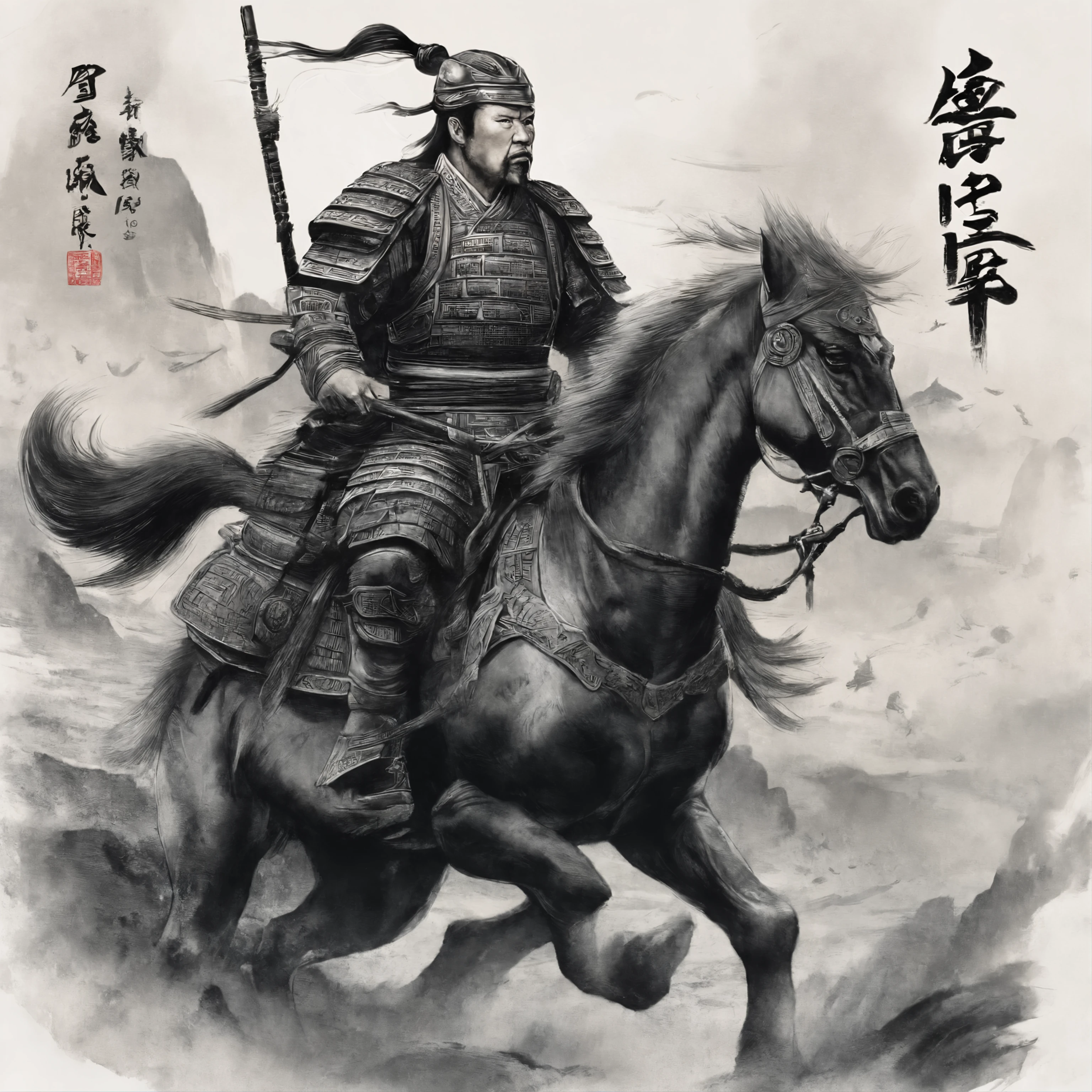 (best quality,4k,8k,highres,masterpiece:1.2),ultra-detailed,(realistic,photorealistic,photo-realistic:1.37),Chinese general,traditional art style,richly colored uniforms,vivid and dynamic brushstrokes,ancient battlefield setting,warrior spirit,ornamental armor and helmet,symbolic horse,commanding presence,courageous expression,heroic posture,historical portrait,proud and noble features,ink and wash painting style,finely detailed facial features,dynamic composition,imposing stature,strategic battlefield map,strong and confident gaze,fierce determination,bursting energy,ancient war flag,foggy ambiance,golden sunlight illuminating the scene,traditional Chinese calligraphy in the background,authentic battle scene,attention to historical accuracy,dynamic motion,commanding army in the distance,majestic mountains as backdrop,impressive battle formation,martial arts expertise and weapons proficiency,wisdom and leadership,aura of authority,atmospheric perspective,dramatic lighting,heroic legend,classic Chinese metaphor,strong sense of tradition and cultural heritage