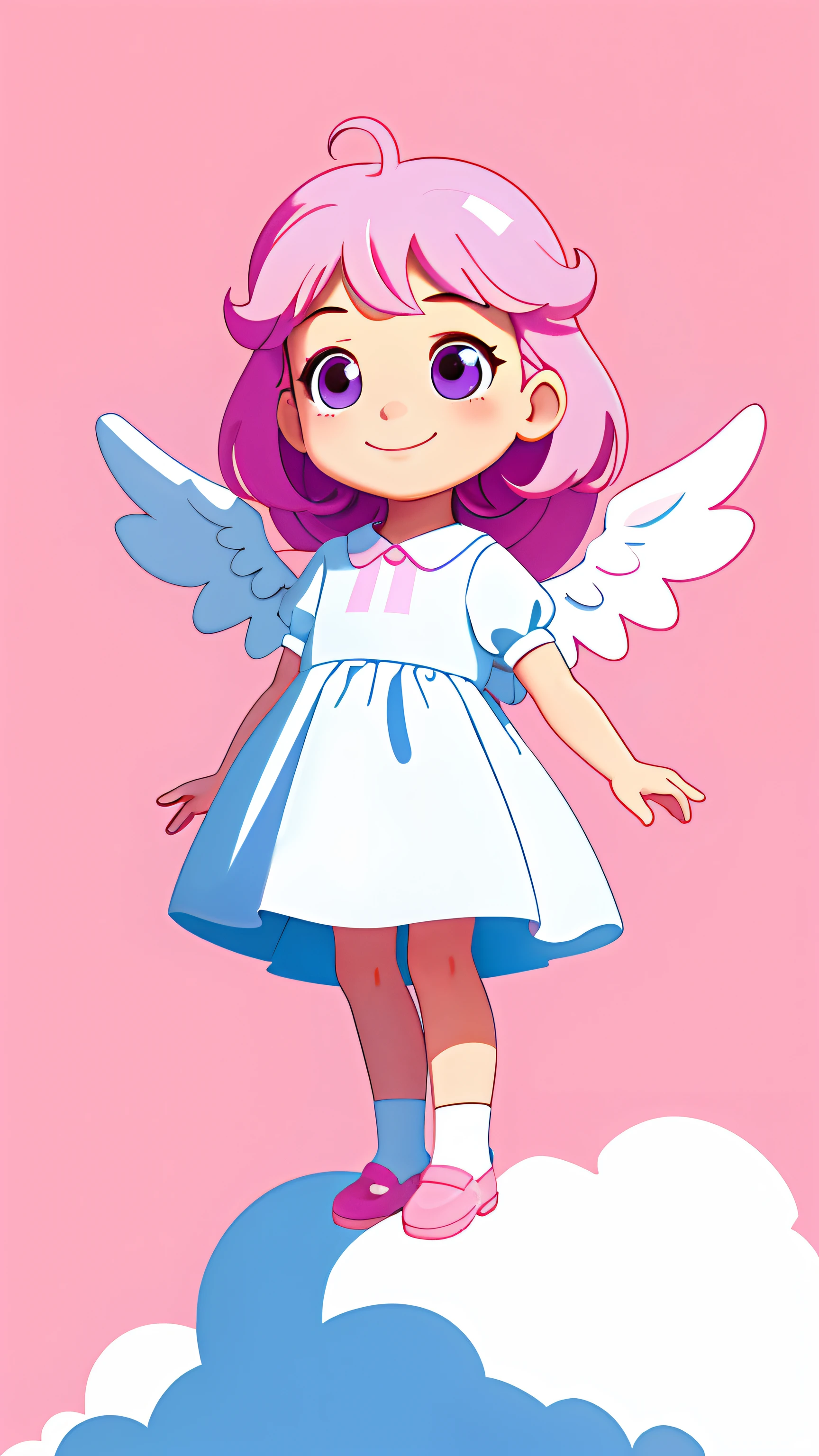 Simple solid color background,A little girl lies on a cloud in the sky,Angelic smile,Pink background,Masterpiece HD,Graphic creative illustration,White gift,
