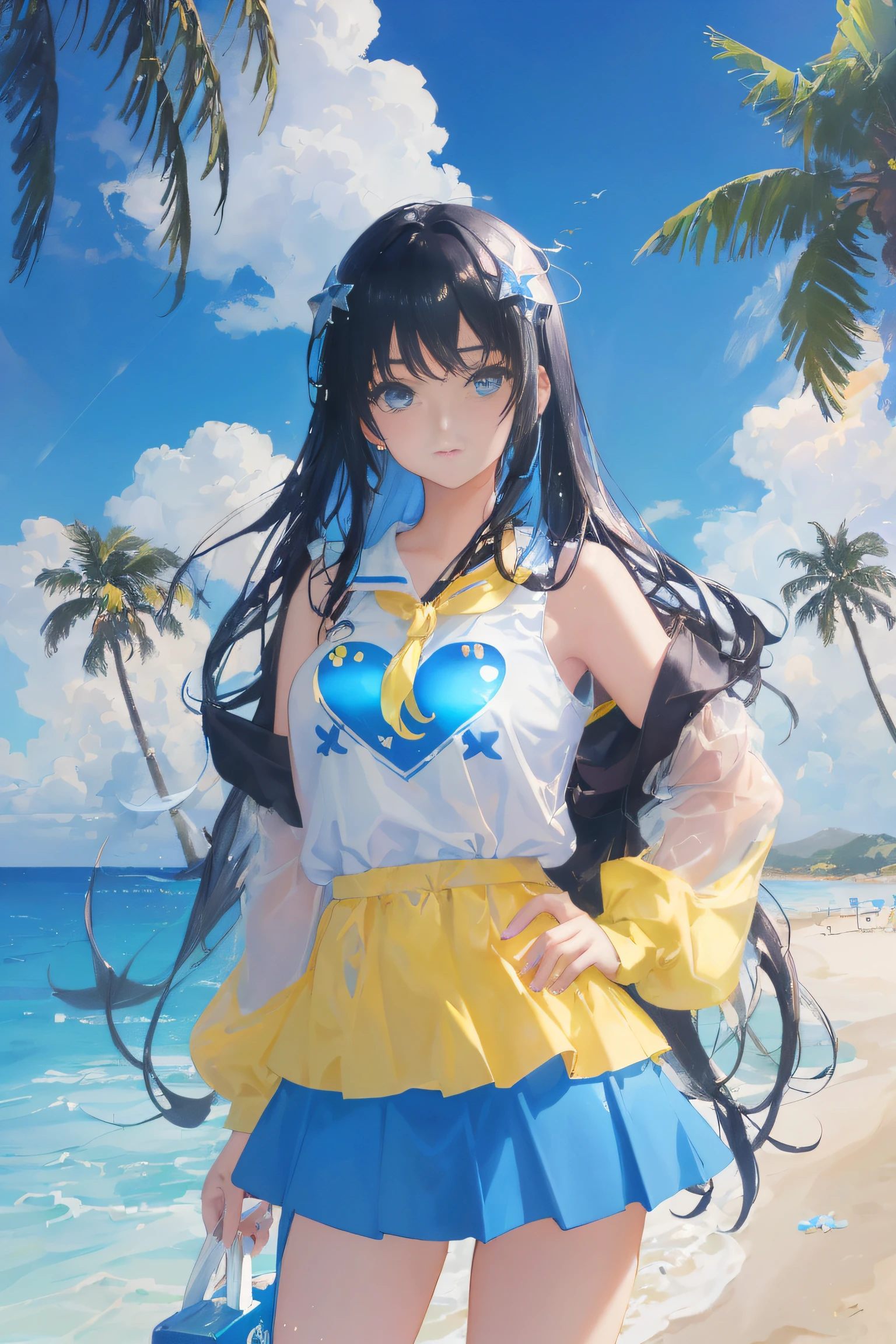 art by Cornflower, dreamy, (A beautiful, aged, anime-style girl with blue eyes and long, black hair, wearing a pale yellow, shiny, long-sleeved, open-chest, long skirt swimming suit with a pink, white, and yellow, heart on it is posing with her hands on her hips, in front of a beach and a bright, blue sky with clouds in it, there are palm trees in the background on both sides of the picture, and there are lots of blue and yellow fish swimming in the ocean, and there is a police helicopter with lights on it flying over the girl)
