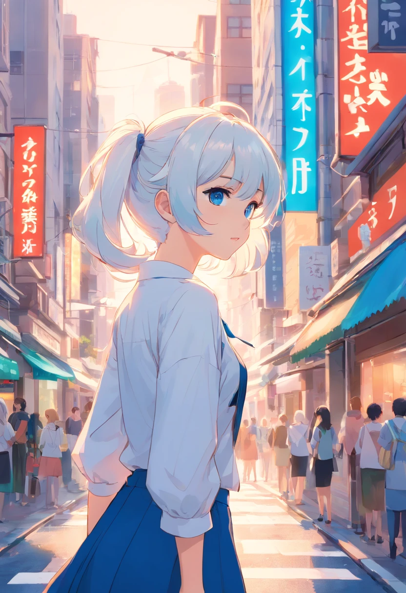 White color hair，Double ponytail curls，blue color eyes，White Lolita，Beth，A bustling city street