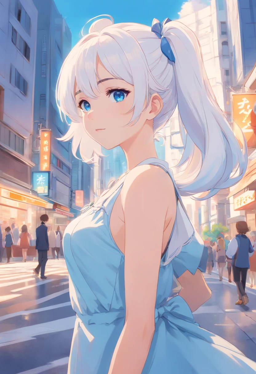 White color hair,Double ponytail curls,blue color eyes,White ta,Beth,A bustling city street