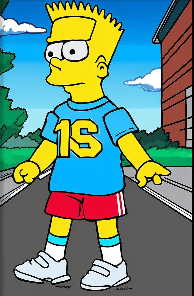 -yeart Simpson, yellow hair, spiky hair, orange t-shirt, light blue shorts, socks, light blue shoes