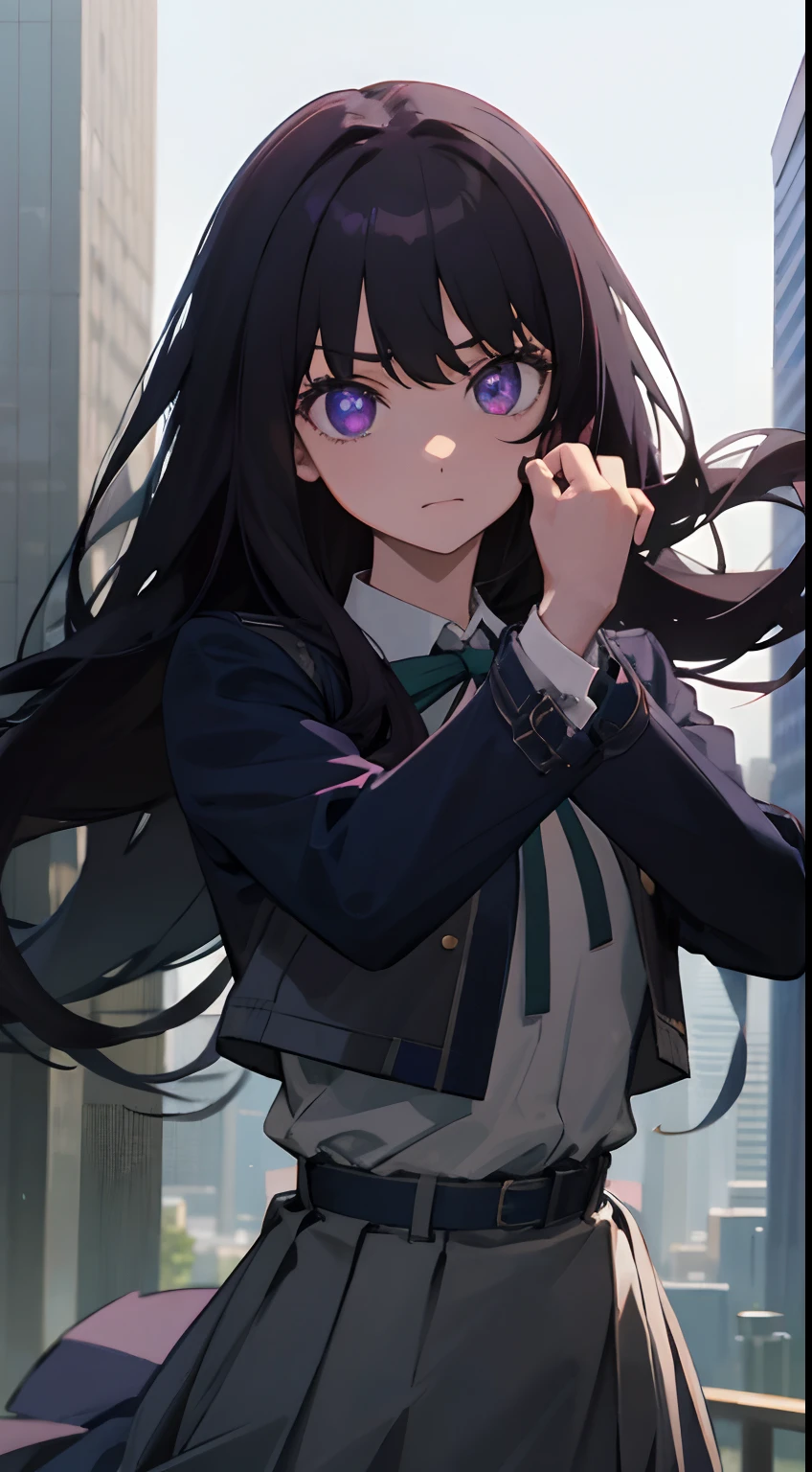 takinainoue, Inoue Takina, Long hair, bangs, Black hair, (Purple eyes:1.2), BREAK shirt, Long sleeves, dress, ribbon, school uniform, White shirt, Collared shirt, belt, Neck ribbon, Blue dress, Green Ribbon, Pleated dress, grey dress, Two-tone dresses, Blue belt, Lycoris Uniform, BREAK outdoors, City, Break (Masterpiece:1.2), Best quality, high resolution, Unity 8k wallpaper, (illustration:0.8), (Beautiful detailed eyes:1.6), Extremely detailed face, Perfect lighting, Extremely detailed CG, (Perfect hands, Perfect anatomy),