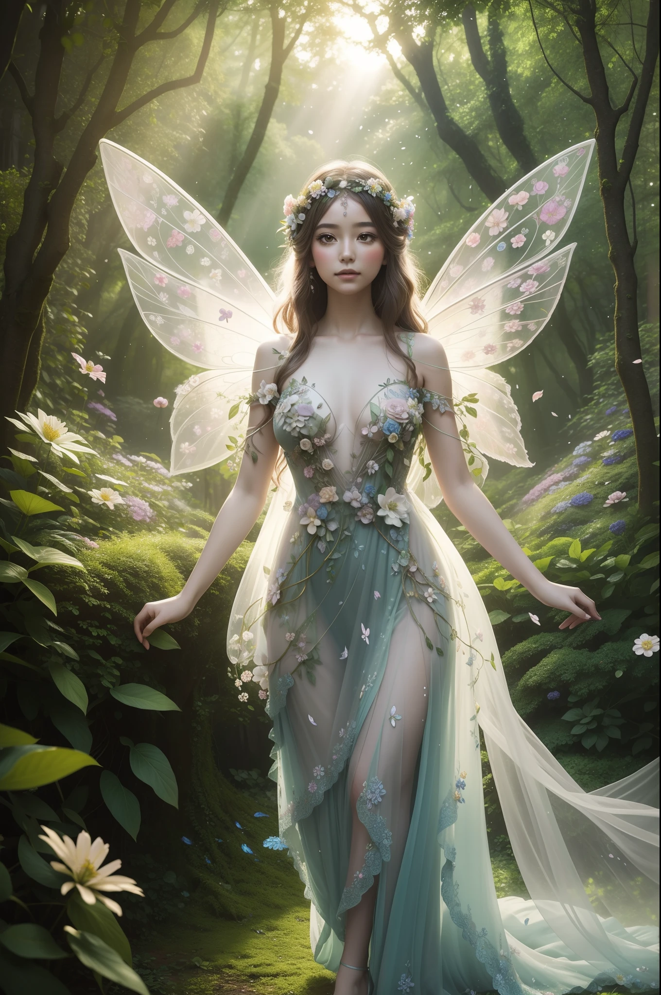 Flower fairy as the center of a whimsical forest scene where vibrant flowers and lush greenery create a magical backdrop. Flower Fairy, A delicate and ethereal existence, florals々Hovering gracefully, Her gossamer wings shimmer in the mottled sunshine. She wears a gown woven with petals and leaves, Decorated with intricate floral patterns that reflect her surroundings.