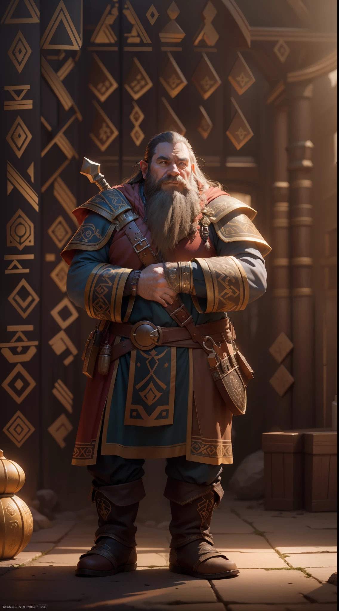 male, dwarven bard, standing in front of dwarven runes, dungeons and dragons, rpg, hi res, 4k, 8k, 16k, bright sun, ultrahd,realistic, photon mapping, radiosity, cinematic lighting, sharp focus,,, ultrahigh res, best quality, cinematic epic + rule of thirds, volumetric lighting, volumetric light, concept art, portait image, path tracing, serene landscape, high quality, highly detailed, 8K,, warm colors, anatomically correct,, concept art, defined face, five fingers
