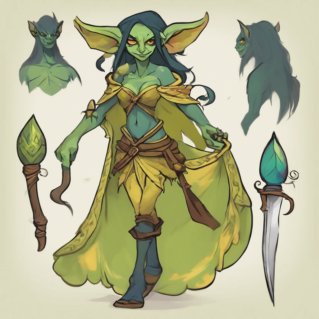 One small female greenish yellow goblin.  Outwardly pointed ears  Blue gray eyes.  Long straight dark blue hair.  Dark tribal hide outfit.  Crop top.  Thigh split long skirt.  Teal blue tribal body paint.  Long greenish yellow goblin tail with dark blue tuff at the end.  Alchemist.  Cute.  Spooky.  No human skin colors.  Not human.  Greenish yellow female goblin.