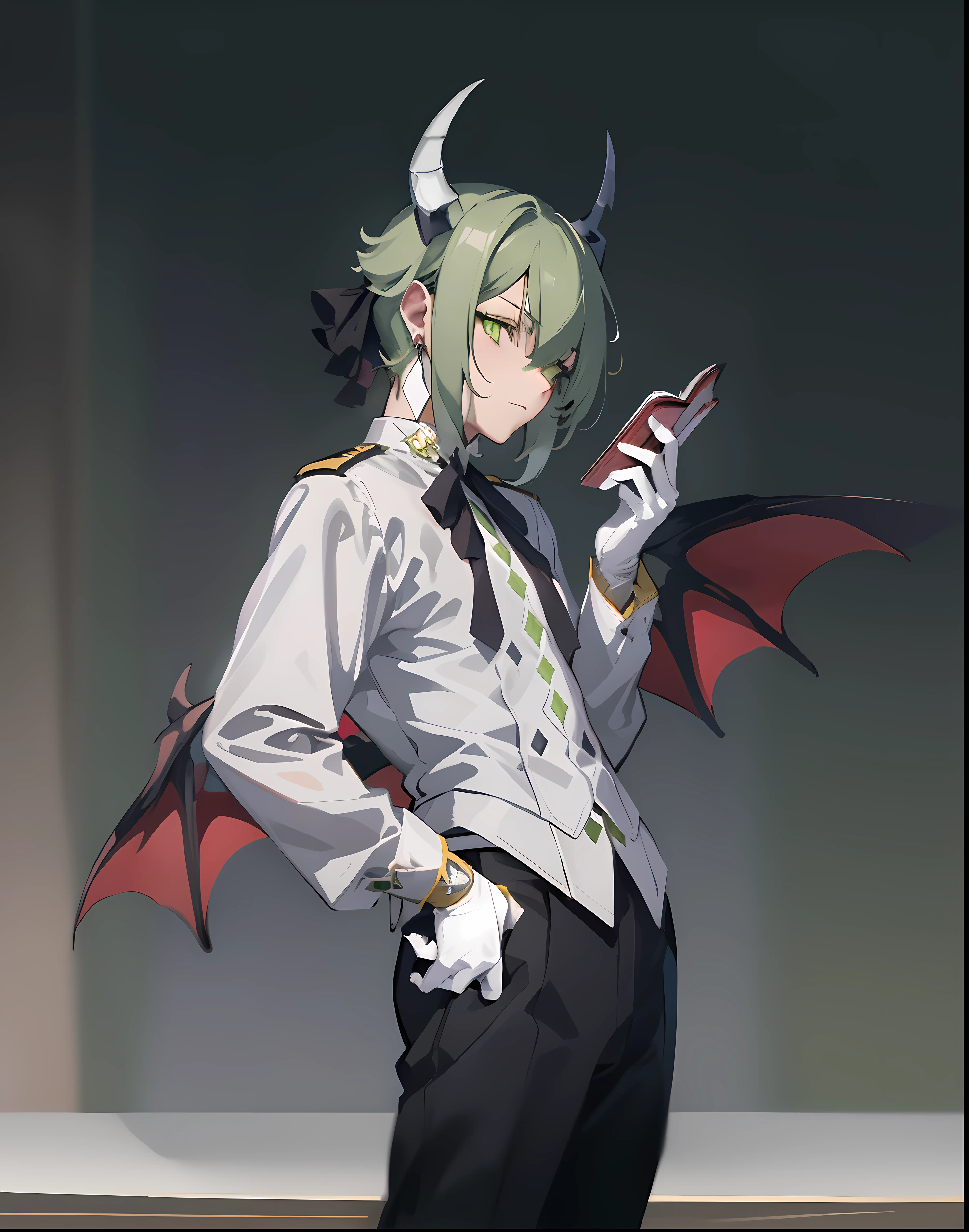 1boy, Dutch angle, Show from the hips to the shoulders, ((looking_down)), eyelashes, ((Hold a book in hand)), Pull the chin, beautiful detailed cold face, rape face, closed_mouth, white skin, bowknot, horns, piercing, neck_ribbon, bat_wings, white_gloves, puffy_sleeves, black_pants, white_background, absurdres, Very detailed CG unified 8k wallpaper, very precise detailed, Incubus,devil horns,((white shirt)), jitome, empty eyes, expressionless, Elan Ceres, green-gray hair, (((glow yellow-green eyes))), white tassel earring, from side,
looking at viewer,