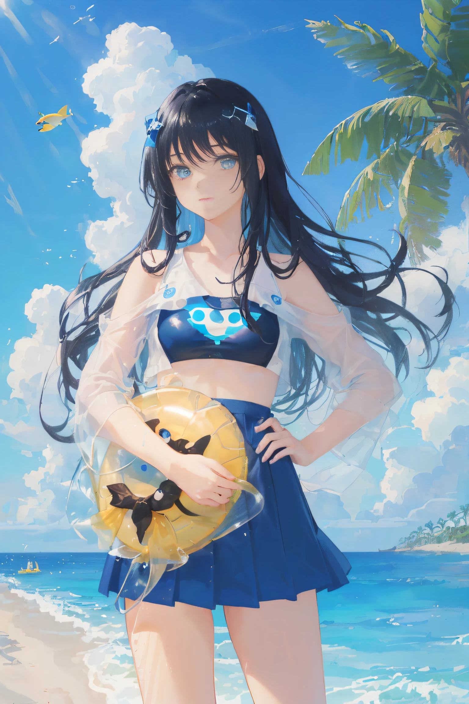 art by Cornflower, dreamy, (A beautiful, teenaged, anime-style girl with blue eyes and long, black hair, wearing a pale yellow, shiny, long-sleeved, open-chest, long skirt swimming suit with a pink, white, and yellow, heart on it is posing with her hands on her hips, in front of a beach and a bright, blue sky with clouds in it, there are palm trees in the background on both sides of the picture, and there are lots of blue and yellow fish swimming in the ocean, and there is a police helicopter with lights on it flying over the girl)