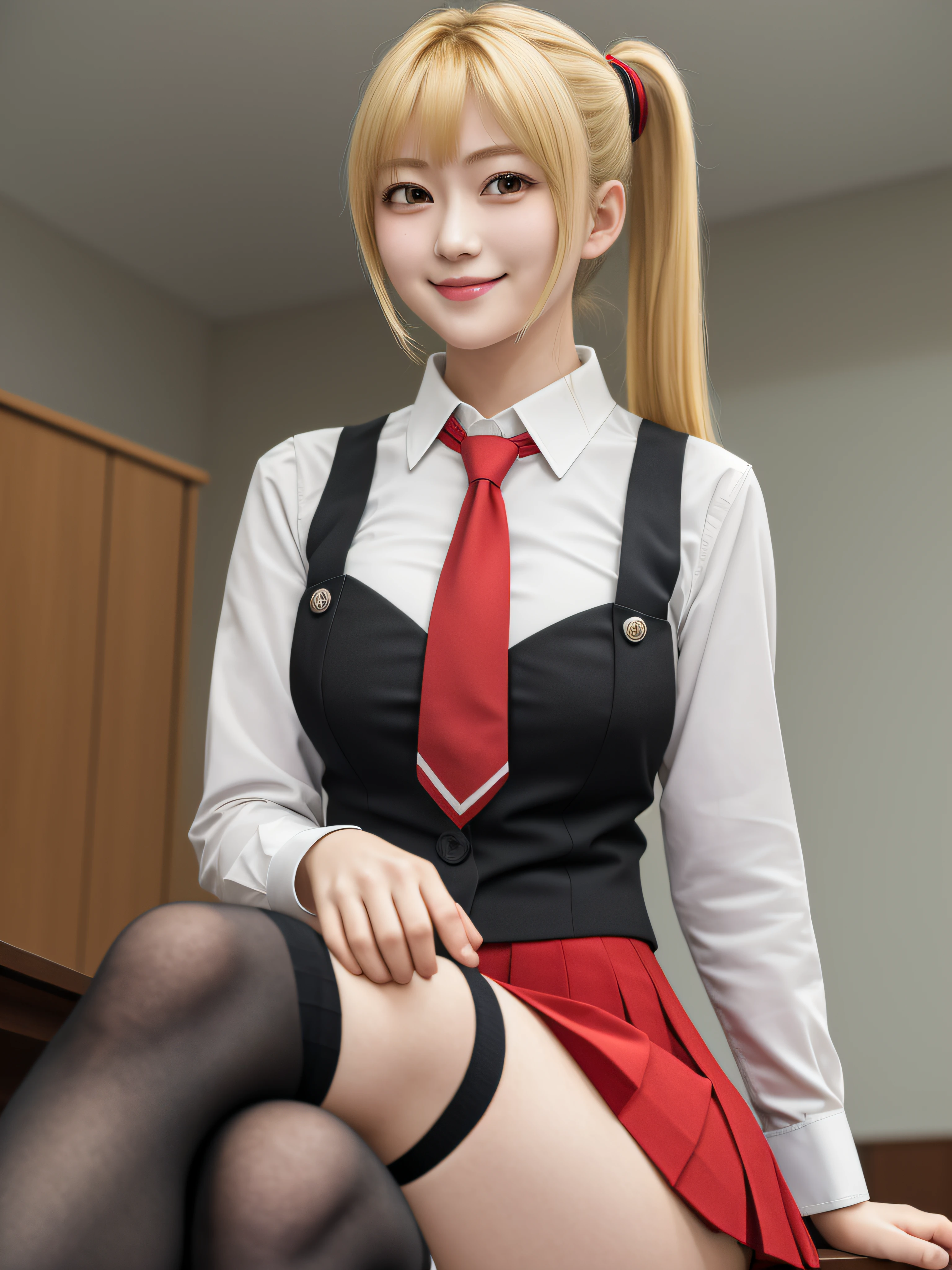 masterpiece, best quality, highres, 1girl kaori saeki parted bangs, blond hair, school uniform spaghetti strap black vest red necktie red skirt black thighhighs sitting, crossed legs, evil smile