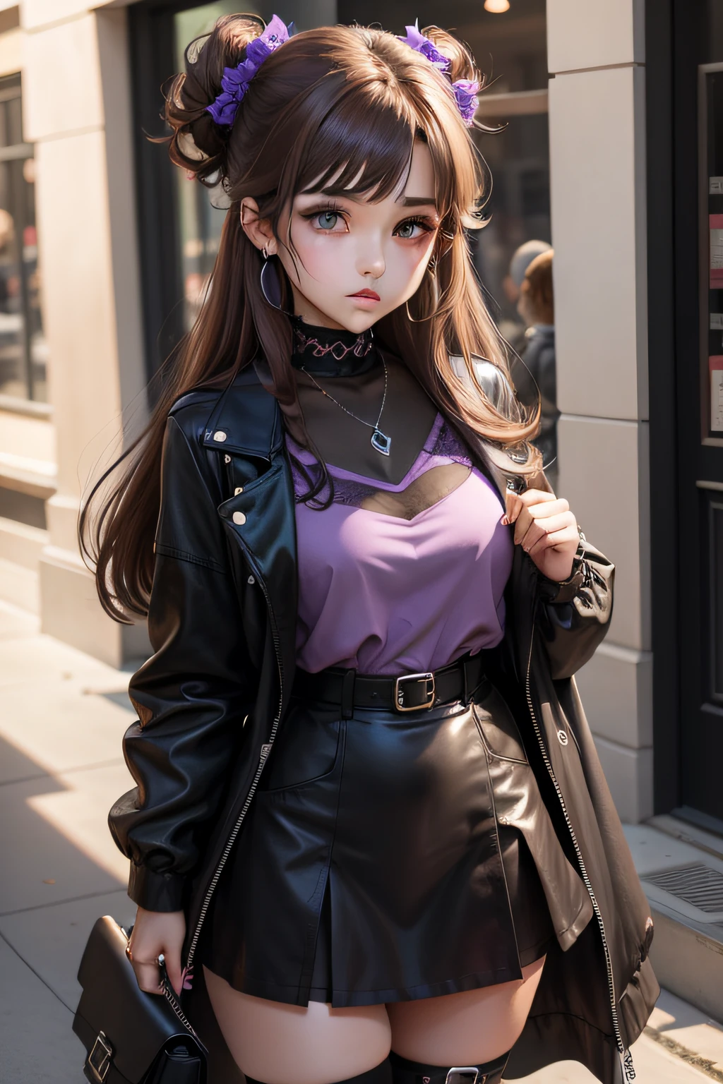 cute brown eyes brown hair purple and black pastel goth outfit