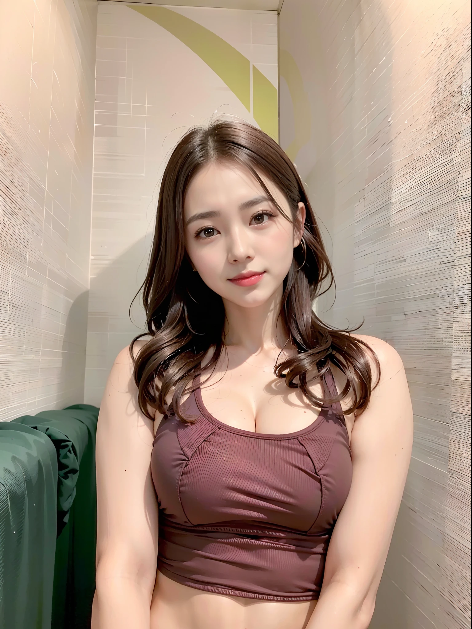 (Realistic, Photorealistic: 1.37), (Masterpiece, Best Quality: 1.2), (Ultra High Resolution: 1.2), (RAW Photo: 1.2), (Sharp Focus: 1.3), (Face Focus: 1.2), (Ultra Detailed CG Unified 8k Wallpaper: 1.2), (Beautiful Skin: 1.2), (pale Skin: 1.3), (Hyper Sharp Focus: 1.5), (Ultra Sharp Focus: 1.5), ( Beautiful pretty face: 1.3), (Japanese actress face:1.3), (super detailed background, detail background: 1.3), BREAK, a very cute and beautiful Japan pictures of women, (sexy model), professional attire, (38 years old: 1.1), portrait of a girl with a bright smile, upper body image, When viewed from the front, the composition is symmetrical, (Studio lighting: 1.3), (Cinematic lights: 1.3), ( backlight: 1.3), dim lighting, lighting that covers the whole body, looking straight at you, natural posing, arms behind back:1.3, break, (mahogany thin hair: 1.2, wavy bob hair:1.2), dark brown eyes, beautiful eyes, princess eyes, ((mahogany hair:1.3)), bangs, Hair between eyes, (voluptuous:1.47, curby), (medium-breast;1.37, sagging breasts:0.95), (thin waist: 1.05), (detailed beautiful girl: 1.4), BREAK, (Chest squeezed together, View viewer, (red racing-style-swimsuit;1.37, competition swimsuit:1.37, with white line, attractive look)), Solo, Parted lips, Red lips, (shiny skin), sweat, (detailed resort hotel room background:1.2, bedroom, presenting, night), (Dishonest laughter, light seductive smile:1.15, incmoing:1.3, in heat:1.3), ((Perfect Female Body)), (Upper Body Image:1.3), Frame Head, Perfect Anatomy, Perfect Proportions, 8.5 Life-Size, Face Focus, Ultra Realistic Photo, Hyper Sharp Image, Hyper Detail Image,