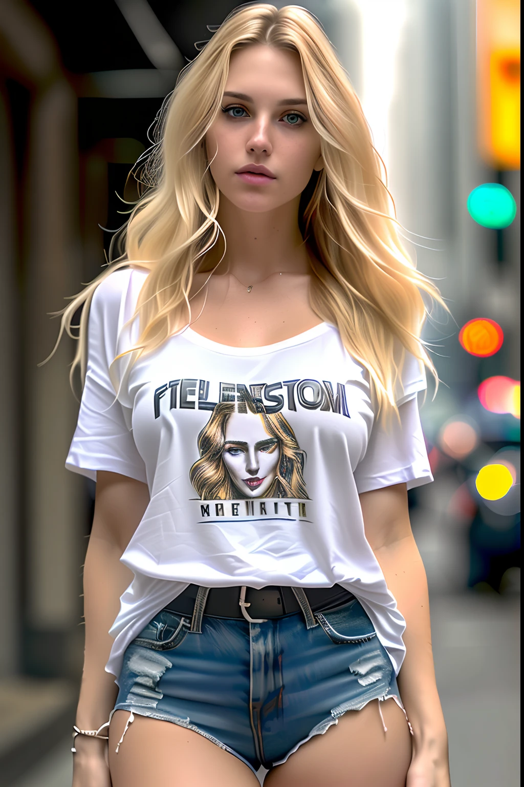 gorgeous woman with extra long wavy blonde hair, detailed alluring eyes, long sexy legs, wearing tiny shorts, t-shirt, ((detailed facial features)), (finely detailed skin), pale skin, realistic skin texture, extreme skin details, (pores:0.1), in the background beautiful futuristic cyberpunk city, best quality masterpiece, photorealistic, hyperrealistic, detailed, 8k, HDR, (Soft color: 1.2), shallow depth of field, broad light, high contrast, backlighting, bloom, light sparkles, chromatic aberration, sharp focus, RAW color photo