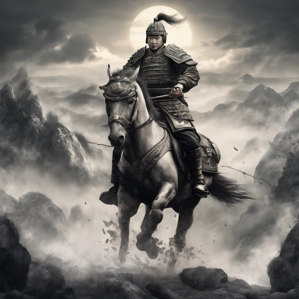 (best quality,4k,8k,highres,masterpiece:1.2),ultra-detailed,(realistic,photorealistic,photo-realistic:1.37),Chinese general,traditional art style,richly colored uniforms,vivid and dynamic brushstrokes,ancient battlefield setting,warrior spirit,ornamental armor and helmet,symbolic horse,commanding presence,courageous expression,heroic posture,historical portrait,proud and noble features,ink and wash painting style,finely detailed facial features,dynamic composition,imposing stature,strategic battlefield map,strong and confident gaze,fierce determination,bursting energy,ancient war flag,foggy ambiance,golden sunlight illuminating the scene,traditional Chinese calligraphy in the background,authentic battle scene,attention to historical accuracy,dynamic motion,commanding army in the distance,majestic mountains as backdrop,impressive battle formation,martial arts expertise and weapons proficiency,wisdom and leadership,aura of authority,atmospheric perspective,dramatic lighting,heroic legend,classic Chinese metaphor,strong sense of tradition and cultural heritage