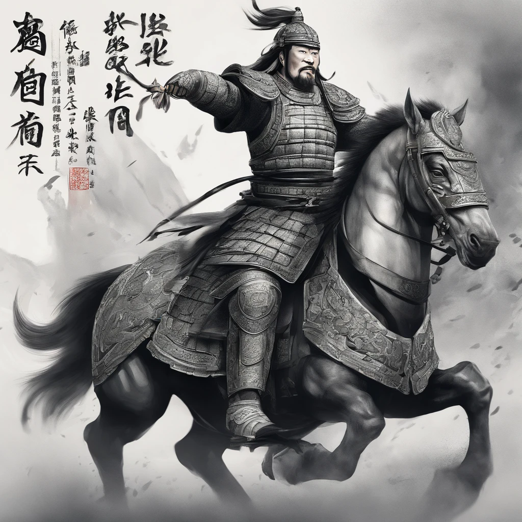 (best quality,4k,8k,highres,masterpiece:1.2),ultra-detailed,(realistic,photorealistic,photo-realistic:1.37),Chinese general,traditional art style,richly colored uniforms,vivid and dynamic brushstrokes,ancient battlefield setting,warrior spirit,ornamental armor and helmet,symbolic horse,commanding presence,courageous expression,heroic posture,historical portrait,proud and noble features,ink and wash painting style,finely detailed facial features,dynamic composition,imposing stature,strategic battlefield map,strong and confident gaze,fierce determination,bursting energy,ancient war flag,foggy ambiance,golden sunlight illuminating the scene,traditional Chinese calligraphy in the background,authentic battle scene,attention to historical accuracy,dynamic motion,commanding army in the distance,majestic mountains as backdrop,impressive battle formation,martial arts expertise and weapons proficiency,wisdom and leadership,aura of authority,atmospheric perspective,dramatic lighting,heroic legend,classic Chinese metaphor,strong sense of tradition and cultural heritage