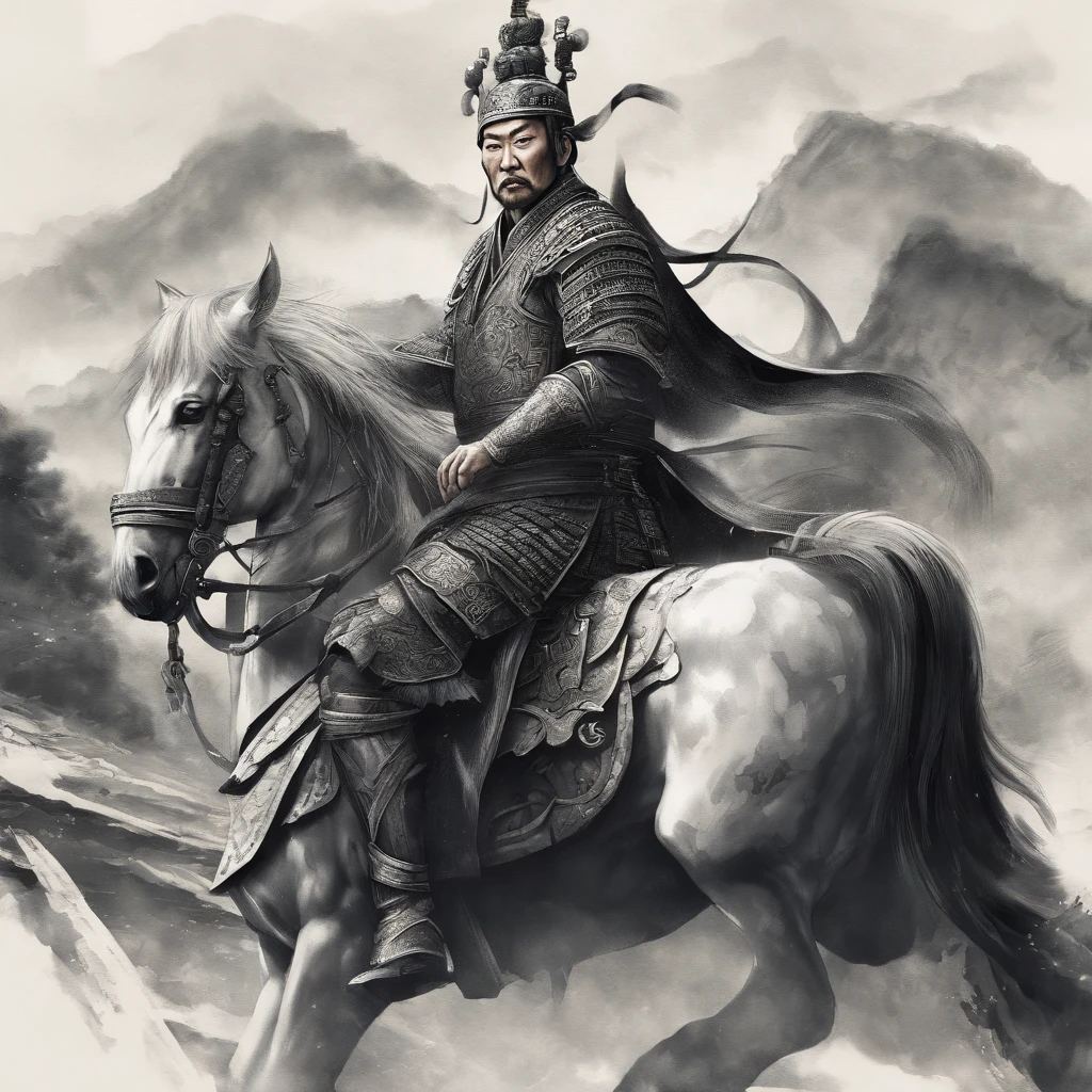 (best quality,4k,8k,highres,masterpiece:1.2),ultra-detailed,(realistic,photorealistic,photo-realistic:1.37),Chinese general,traditional art style,richly colored uniforms,vivid and dynamic brushstrokes,ancient battlefield setting,warrior spirit,ornamental armor and helmet,symbolic horse,commanding presence,courageous expression,heroic posture,historical portrait,proud and noble features,ink and wash painting style,finely detailed facial features,dynamic composition,imposing stature,strategic battlefield map,strong and confident gaze,fierce determination,bursting energy,ancient war flag,foggy ambiance,golden sunlight illuminating the scene,traditional Chinese calligraphy in the background,authentic battle scene,attention to historical accuracy,dynamic motion,commanding army in the distance,majestic mountains as backdrop,impressive battle formation,martial arts expertise and weapons proficiency,wisdom and leadership,aura of authority,atmospheric perspective,dramatic lighting,heroic legend,classic Chinese metaphor,strong sense of tradition and cultural heritage