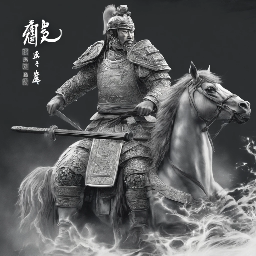 (best quality,4k,8k,highres,masterpiece:1.2),ultra-detailed,(realistic,photorealistic,photo-realistic:1.37),Chinese general,traditional art style,richly colored uniforms,vivid and dynamic brushstrokes,ancient battlefield setting,warrior spirit,ornamental armor and helmet,symbolic horse,commanding presence,courageous expression,heroic posture,historical portrait,proud and noble features,ink and wash painting style,finely detailed facial features,dynamic composition,imposing stature,strategic battlefield map,strong and confident gaze,fierce determination,bursting energy,ancient war flag,foggy ambiance,golden sunlight illuminating the scene,traditional Chinese calligraphy in the background,authentic battle scene,attention to historical accuracy,dynamic motion,commanding army in the distance,majestic mountains as backdrop,impressive battle formation,martial arts expertise and weapons proficiency,wisdom and leadership,aura of authority,atmospheric perspective,dramatic lighting,heroic legend,classic Chinese metaphor,strong sense of tradition and cultural heritage