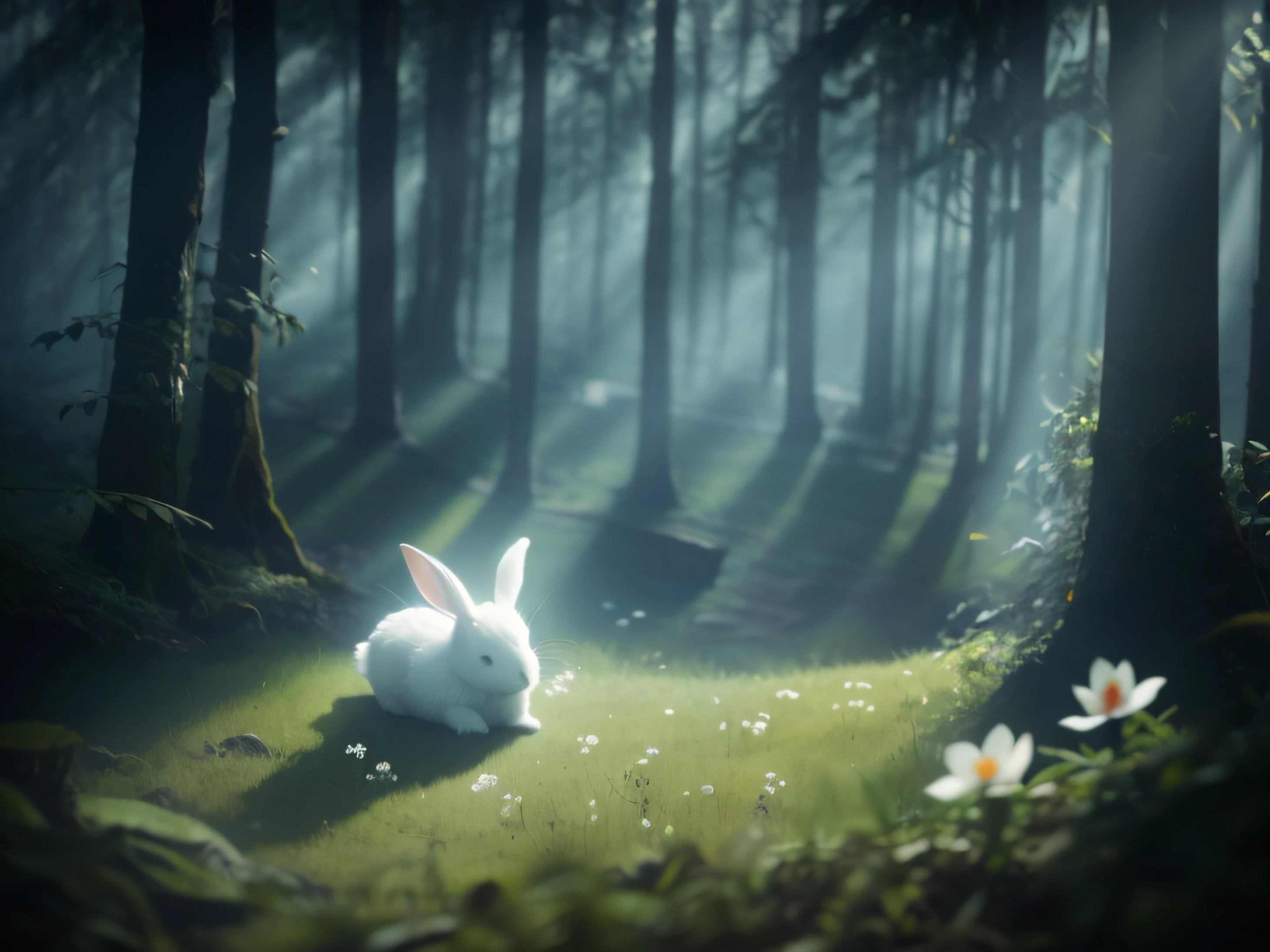 There is a white rabbit sitting in the middle of the forest, adolable,With his eyes closed