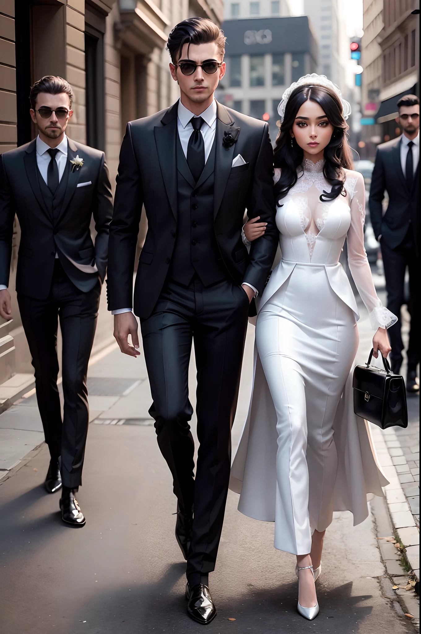 they are dressed up as raccoons and a bride, 3-piece-suit, stylish suit, suits, luxurious suit, formal black suit. detailed, wearing a stylish men's suit, man in black suit, high quality suit, elegant suit, suit and waistcoat, tuxedo, black luxurious suit, wearing tuxedo, intricate suit, wearing fashion suit, wearing a suits
