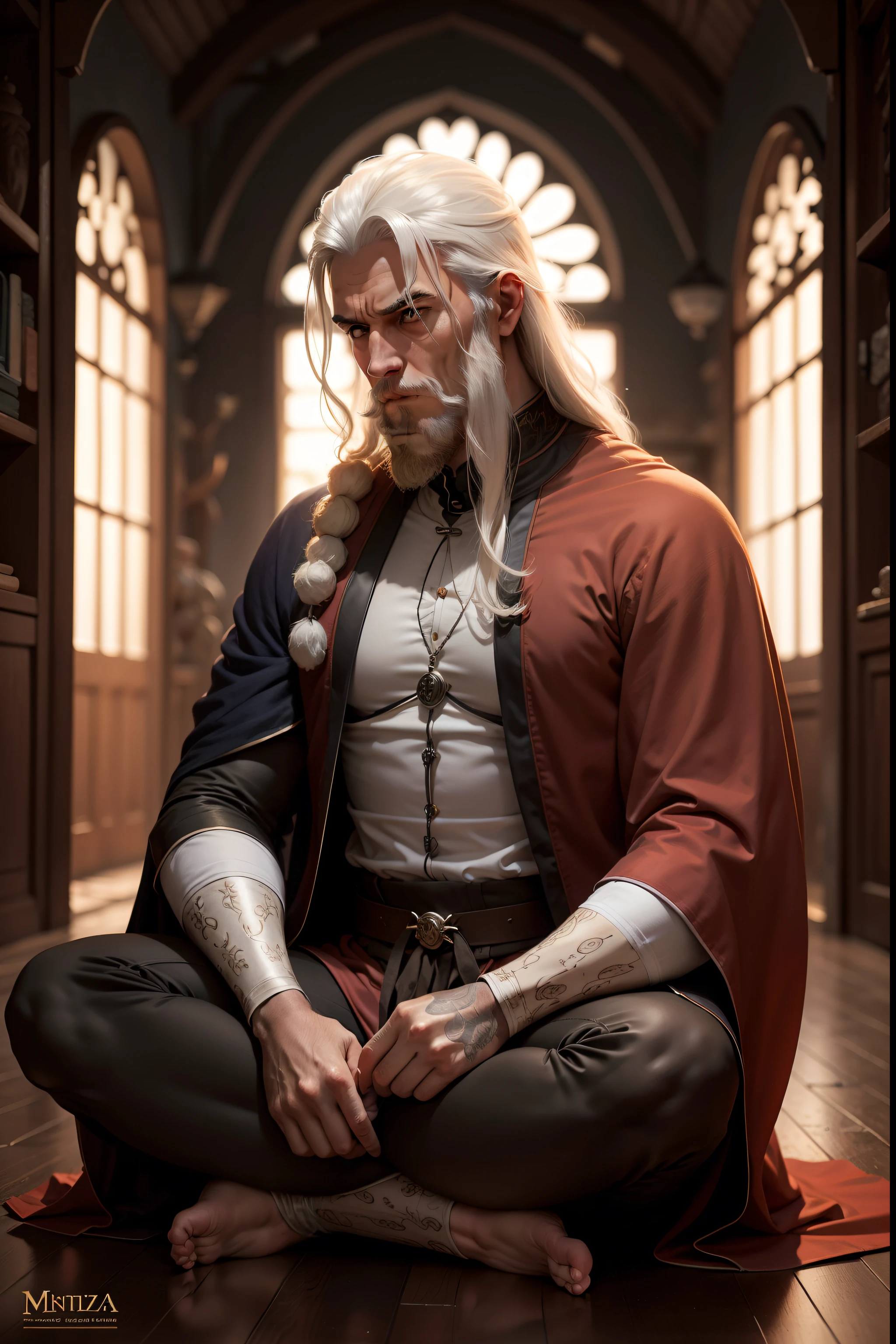 HOMEM,monk, monge, Meditando, cabelo branco, cabeludo, sentado, roupas pretas finas, capuz, luar, medieval, mal, trevas, montanha, templo, dark, dark fantasy, three, obscure