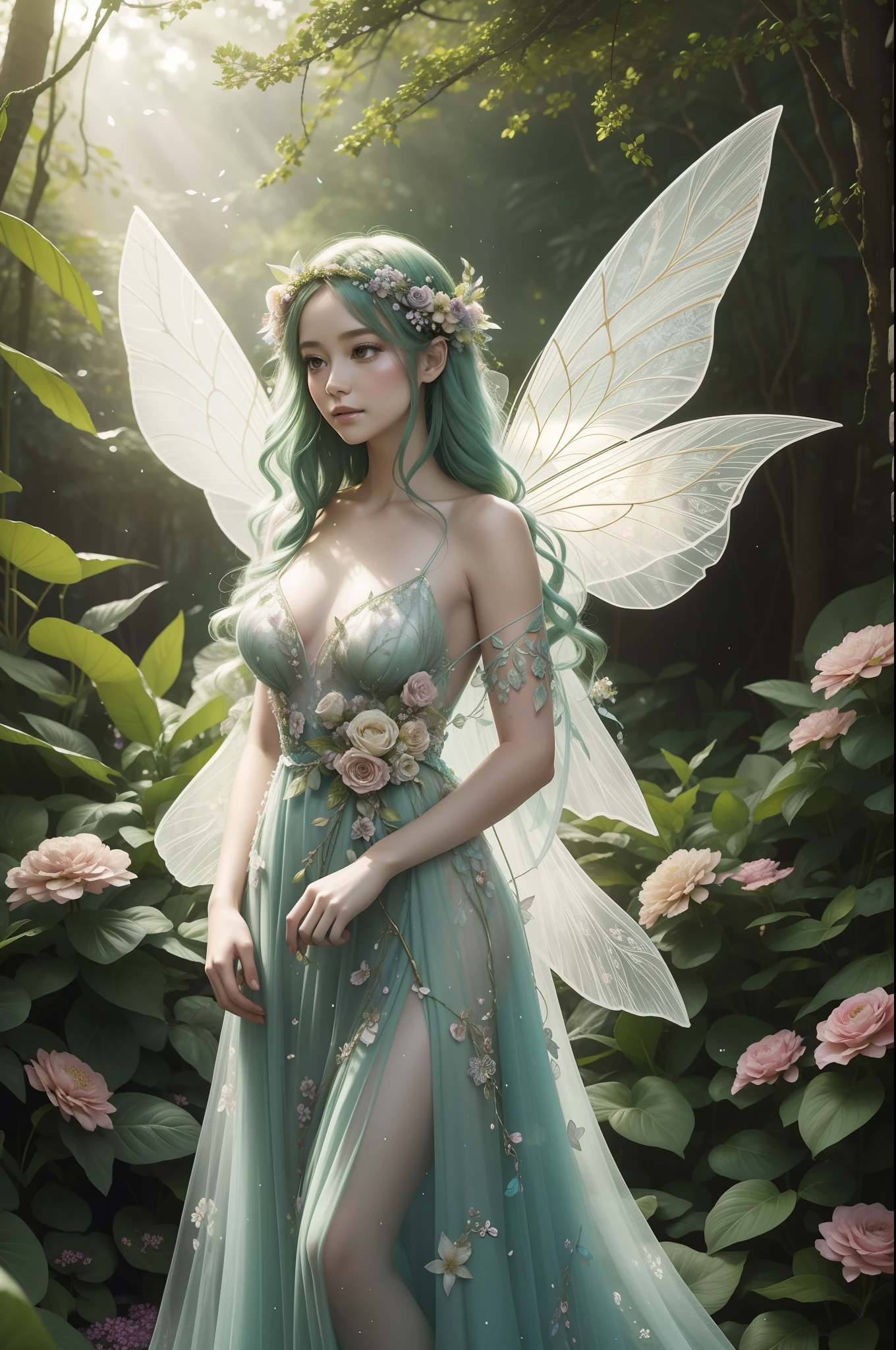 Flower fairy as the center of a whimsical forest scene where vibrant flowers and lush greenery create a magical backdrop. Flower Fairy, A delicate and ethereal existence, florals々Hovering gracefully, Her gossamer wings shimmer in the mottled sunshine. She wears a gown woven with petals and leaves, Decorated with intricate floral patterns that reflect her surroundings.