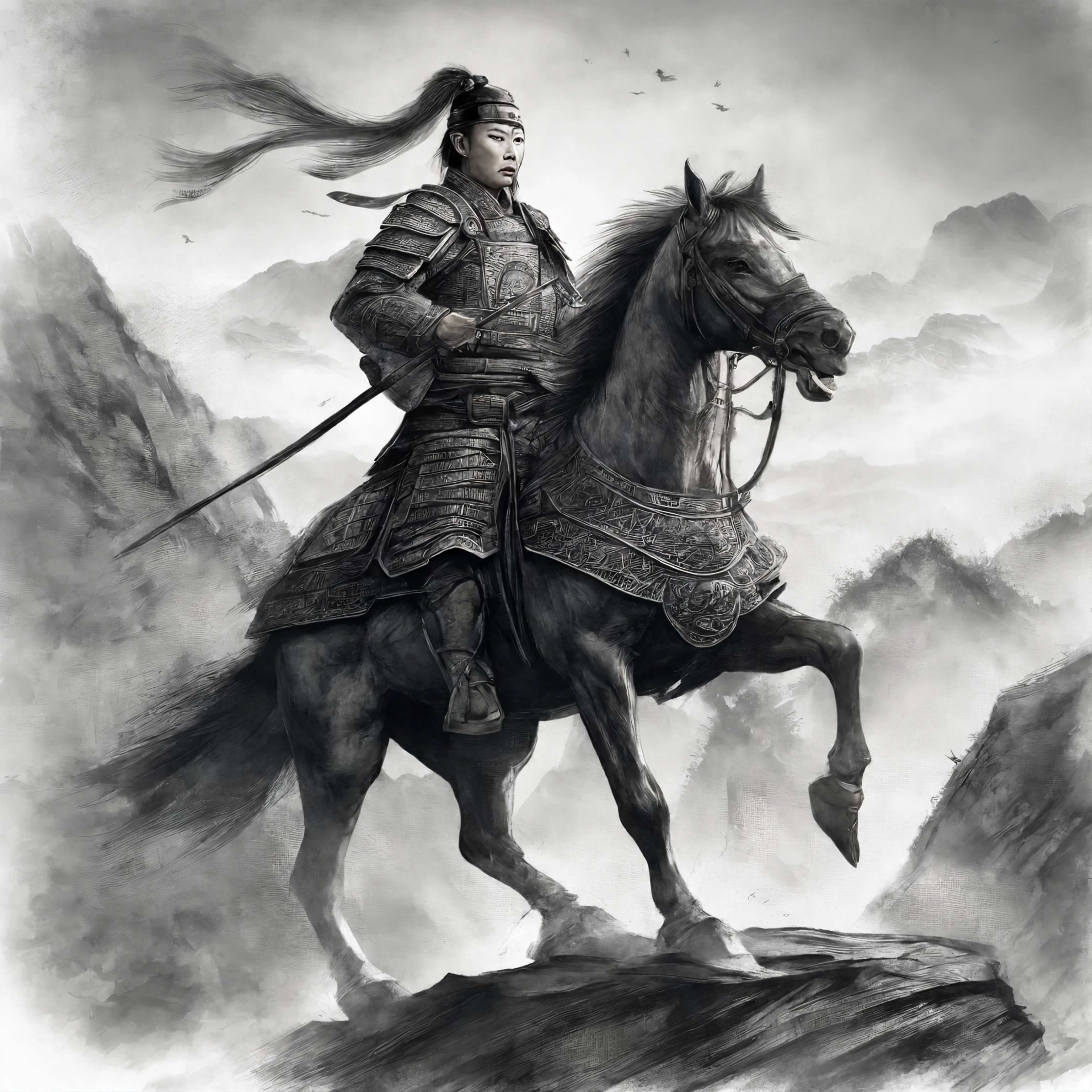 (best quality,4k,8k,highres,masterpiece:1.2),ultra-detailed,(realistic,photorealistic,photo-realistic:1.37),Chinese general,traditional art style,richly colored uniforms,vivid and dynamic brushstrokes,ancient battlefield setting,warrior spirit,ornamental armor and helmet,symbolic horse,commanding presence,courageous expression,heroic posture,historical portrait,proud and noble features,ink and wash painting style,finely detailed facial features,dynamic composition,imposing stature,strategic battlefield map,strong and confident gaze,fierce determination,bursting energy,ancient war flag,foggy ambiance,golden sunlight illuminating the scene,traditional Chinese calligraphy in the background,authentic battle scene,attention to historical accuracy,dynamic motion,commanding army in the distance,majestic mountains as backdrop,impressive battle formation,martial arts expertise and weapons proficiency,wisdom and leadership,aura of authority,atmospheric perspective,dramatic lighting,heroic legend,classic Chinese metaphor,strong sense of tradition and cultural heritage