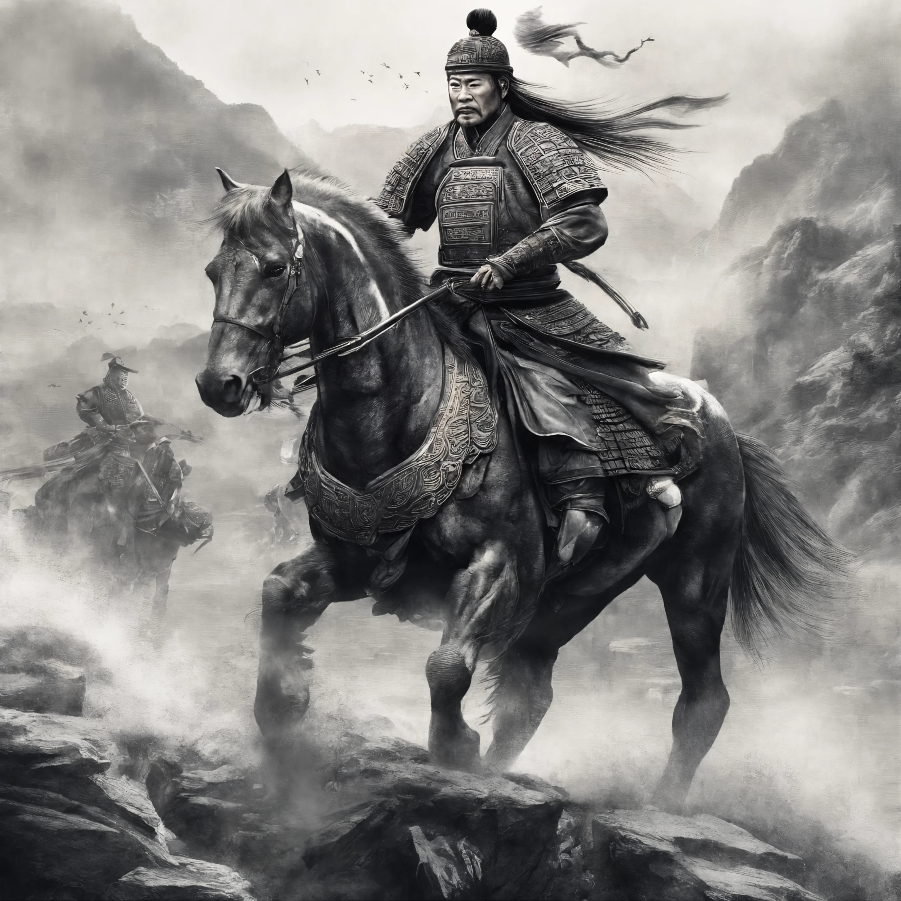 (best quality,4k,8k,highres,masterpiece:1.2),ultra-detailed,(realistic,photorealistic,photo-realistic:1.37),Chinese general,traditional art style,richly colored uniforms,vivid and dynamic brushstrokes,ancient battlefield setting,warrior spirit,ornamental armor and helmet,symbolic horse,commanding presence,courageous expression,heroic posture,historical portrait,proud and noble features,ink and wash painting style,finely detailed facial features,dynamic composition,imposing stature,strategic battlefield map,strong and confident gaze,fierce determination,bursting energy,ancient war flag,foggy ambiance,golden sunlight illuminating the scene,traditional Chinese calligraphy in the background,authentic battle scene,attention to historical accuracy,dynamic motion,commanding army in the distance,majestic mountains as backdrop,impressive battle formation,martial arts expertise and weapons proficiency,wisdom and leadership,aura of authority,atmospheric perspective,dramatic lighting,heroic legend,classic Chinese metaphor,strong sense of tradition and cultural heritage