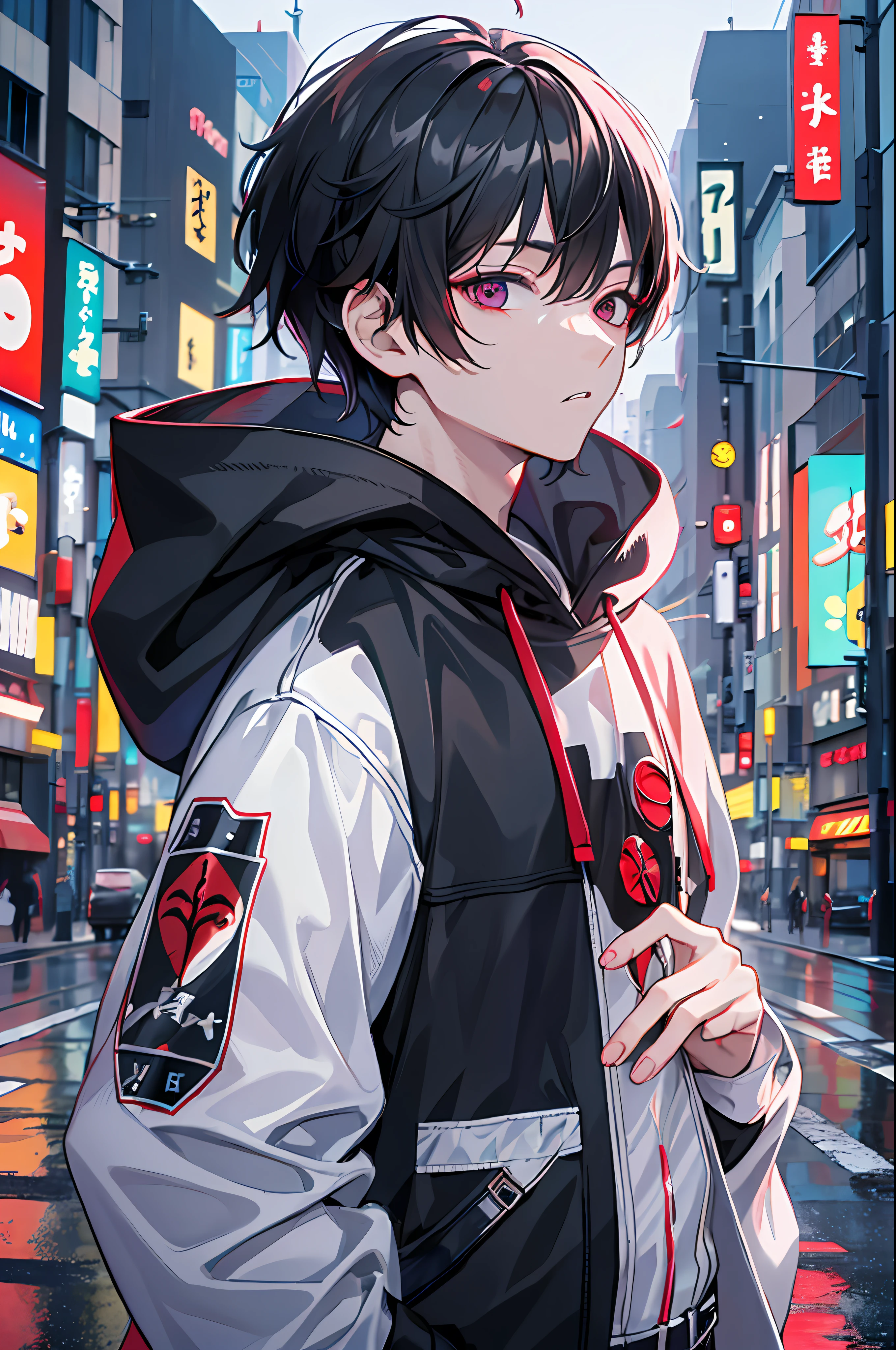 kk, best quality, more details, masterpiece, (whole body) , 1boy, kaneki ken, portrait, standing in the middle of the street, night, male focus, eyes, solo, bangs, looking at viewer, hood, short hair, rain, tokyo tokyo \(city\), hood up, nail polish, black hair, luxurious, 8k, detailed, ray tracing, depth of field, cinematic lighting,