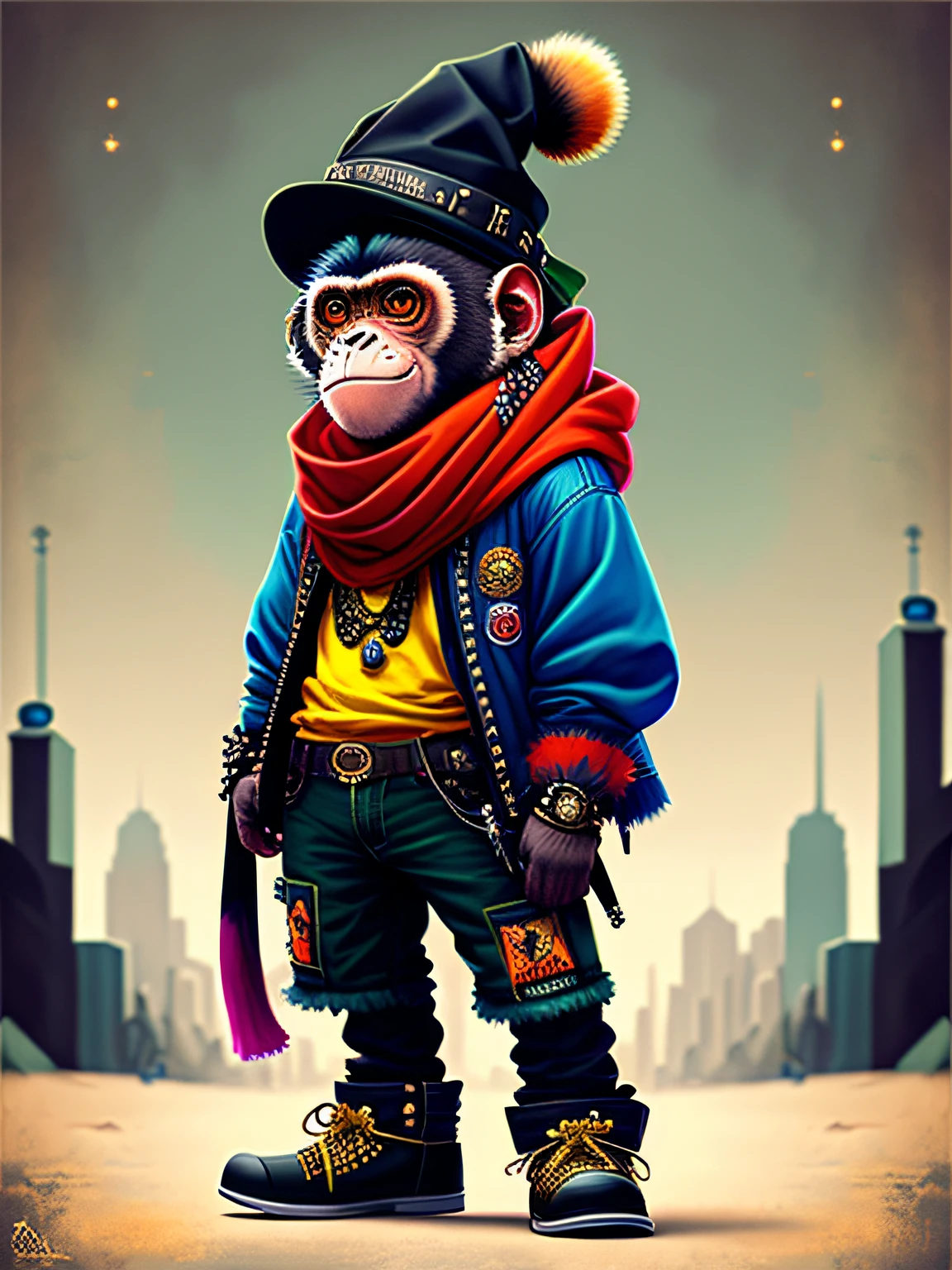 Painting of a monkey wearing a hat and scarf, Trend at Artstation, dressed in punk clothing, Detailed surrealist rendering, British gang members, Street style, intimidating pose, Planet of monkeys, fashionable attire, Urban Samurai, West Slavic features, 8 1 5