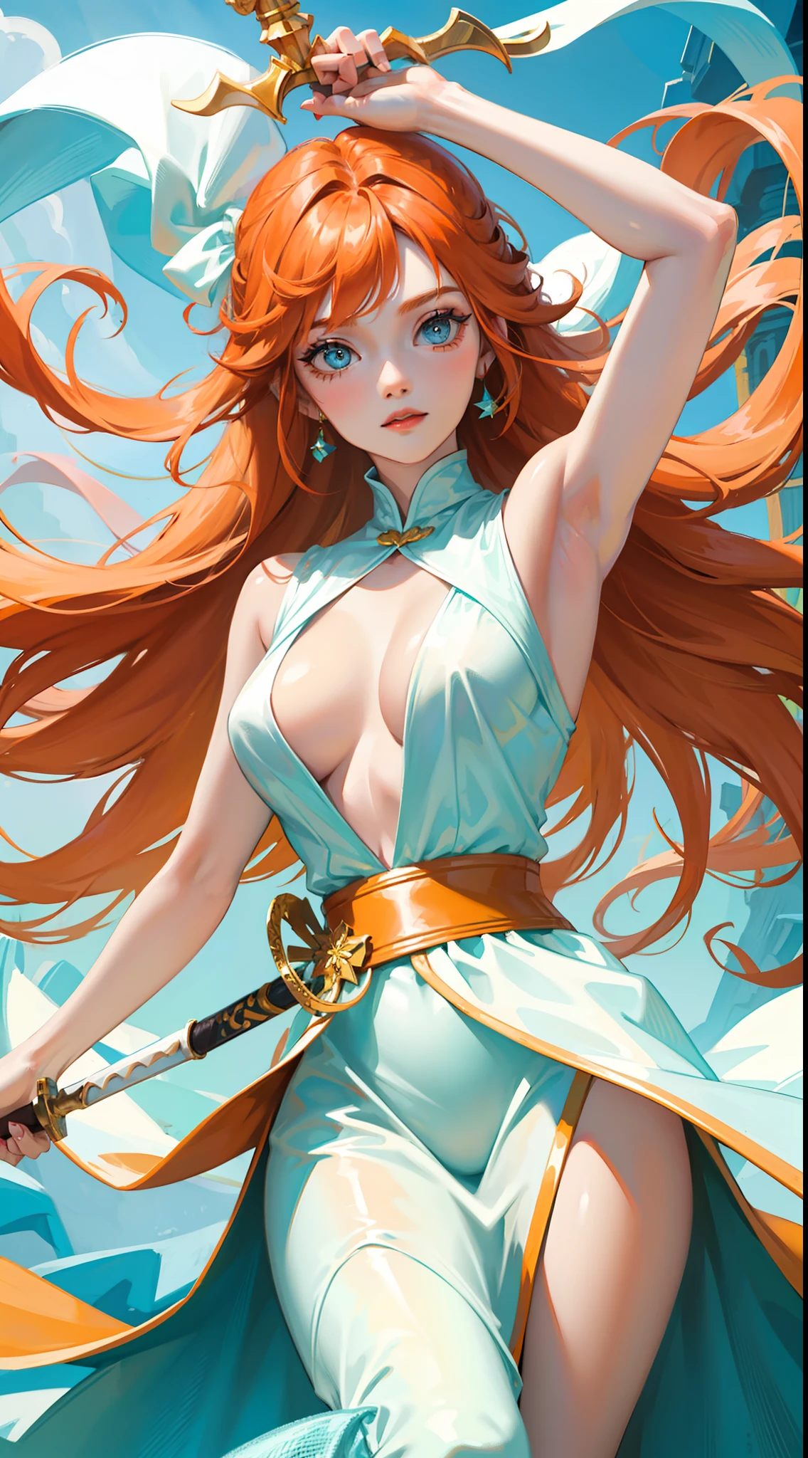 young girl, llong orange hair, Cyan eyes, white fencing dress, Sleeveless, open breasts, long skirt, sword, Gold Elements, gems, Masterpiece, hiquality