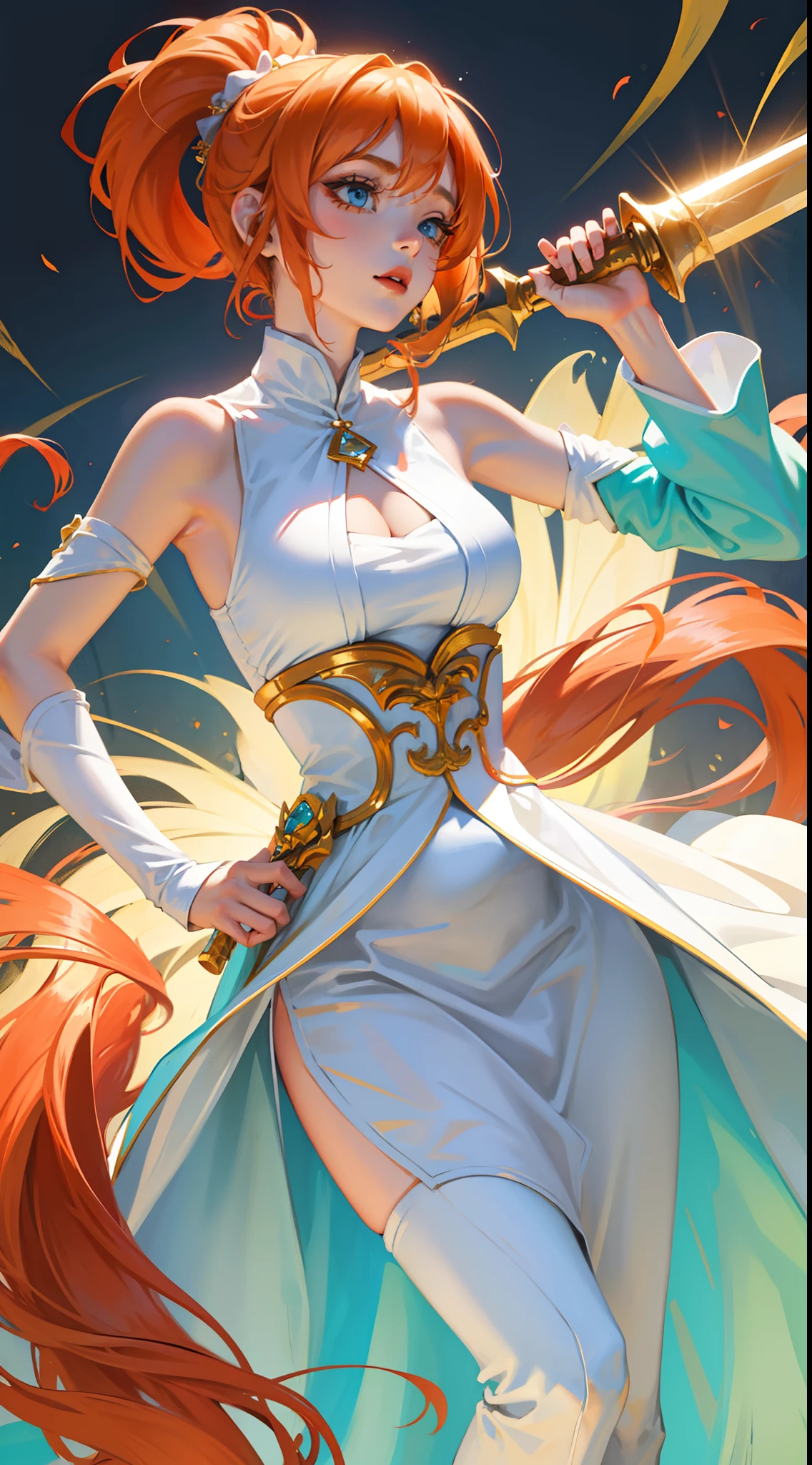 young girl, llong orange hair, Cyan eyes, white fencing dress, Sleeveless, open breasts, long skirt, sword, Gold Elements, gems, Masterpiece, hiquality