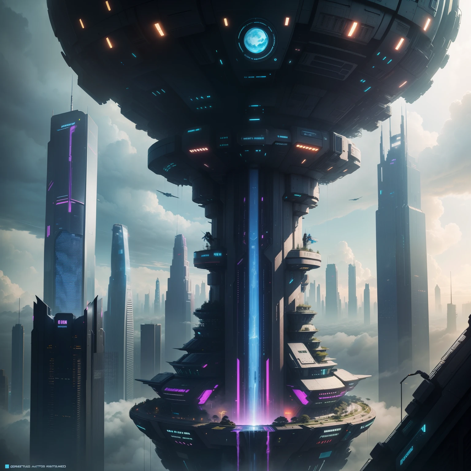 cyberpunked、futuristic cities、planet earth、A cyberpunk with skyscrapers that pierce through the clouds.SFart by、Utopian City、There is a super huge waterfall、Megacities、dream、top-quality、masterpiece、Beautiful cities of the future Super huge castle