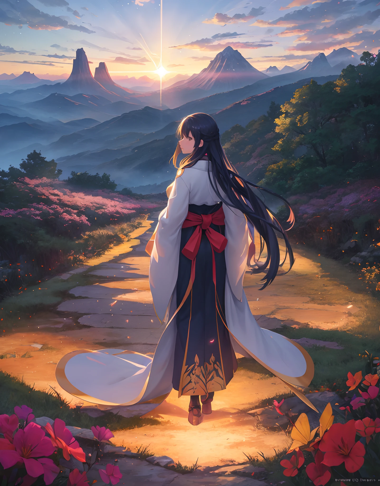 Symetrical world, a sunset mountain range in the background masterpiece, rule of third, a long hair girl with long dress walking back in the way (girl walking back :0.8), beautiful art uhd 4 k, 4 k hd wallpaper very detailed, extraordinary colorful landscape, 4k highly detailed digital art, landscape wallpaper, scenic colorful environment, fantastic landscape, 8k high quality detailed art, majestic nature scenery, detailed painting 4 k, epic beautiful landscape, natural landscape beauty, Landscape, lots of glow particle, fireflies, very many lots of fireflies, makoto shinkai cyril rolando, kimi no nawa meteor, anime art wallpaper 8k, Top quality masterpiece, deep focus, macro shot, lots lamp, falling leaf, glowing light, object, color combination masterpiece, glowing light, dark, reflection, beautiful anime scene, japanese concept landscape art, volumetric lighting, bokeh, anime beautiful peace scene, pure lanscape, 8k beautiful anime, intricate, elegant, point of interest photography, perfect night landscape anime (masterpiece, lighting, finely detailed), colorful sky, ray of light, rule of third, colorful landscape, (dew, water : 0.2), Fog,