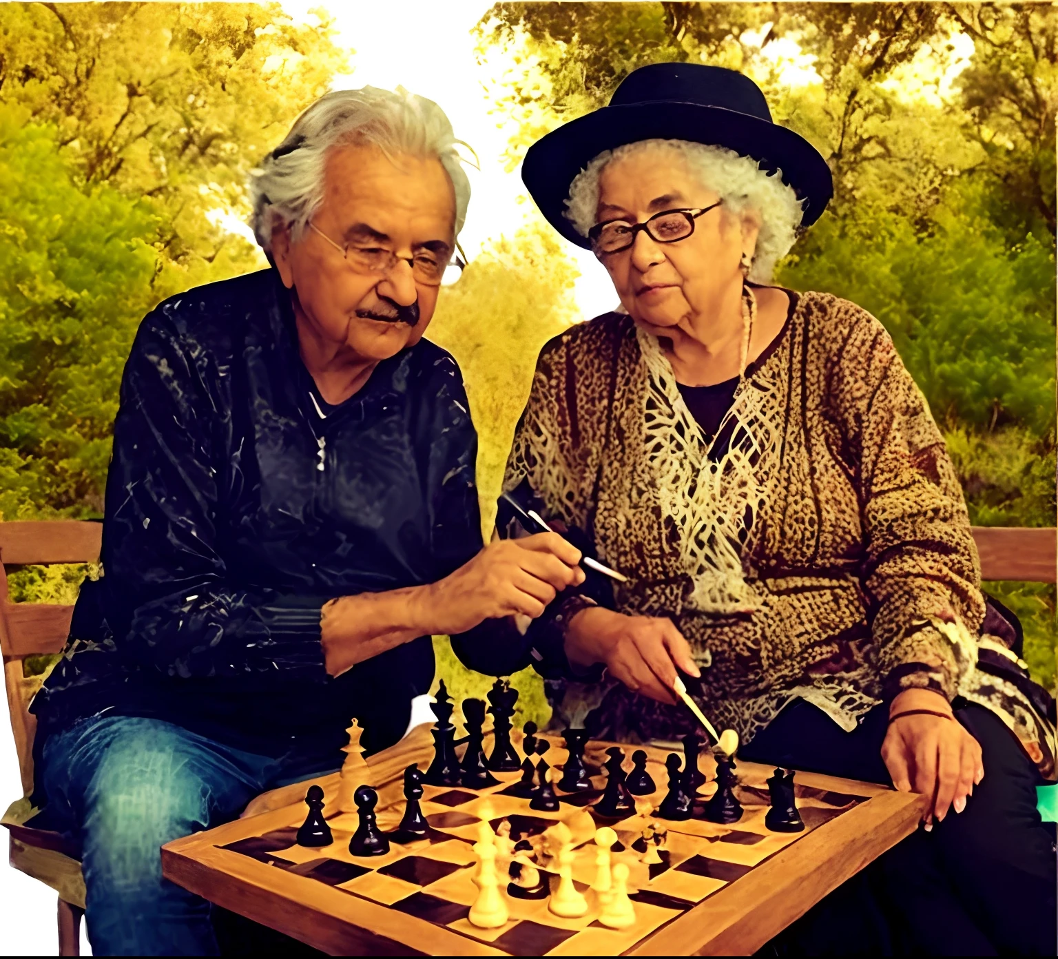 There is a man and a woman sitting playing chess, dois idosos, dois velhos magros, 2 pessoas, idoso, grandma, par, 📷 Mungojerrie e Rumpleteazer, by senior artist, retrato!!!!!!, photo shoot, 🎨🖌, por Ingrida Juniper, Directed by: Orshi Drozdik