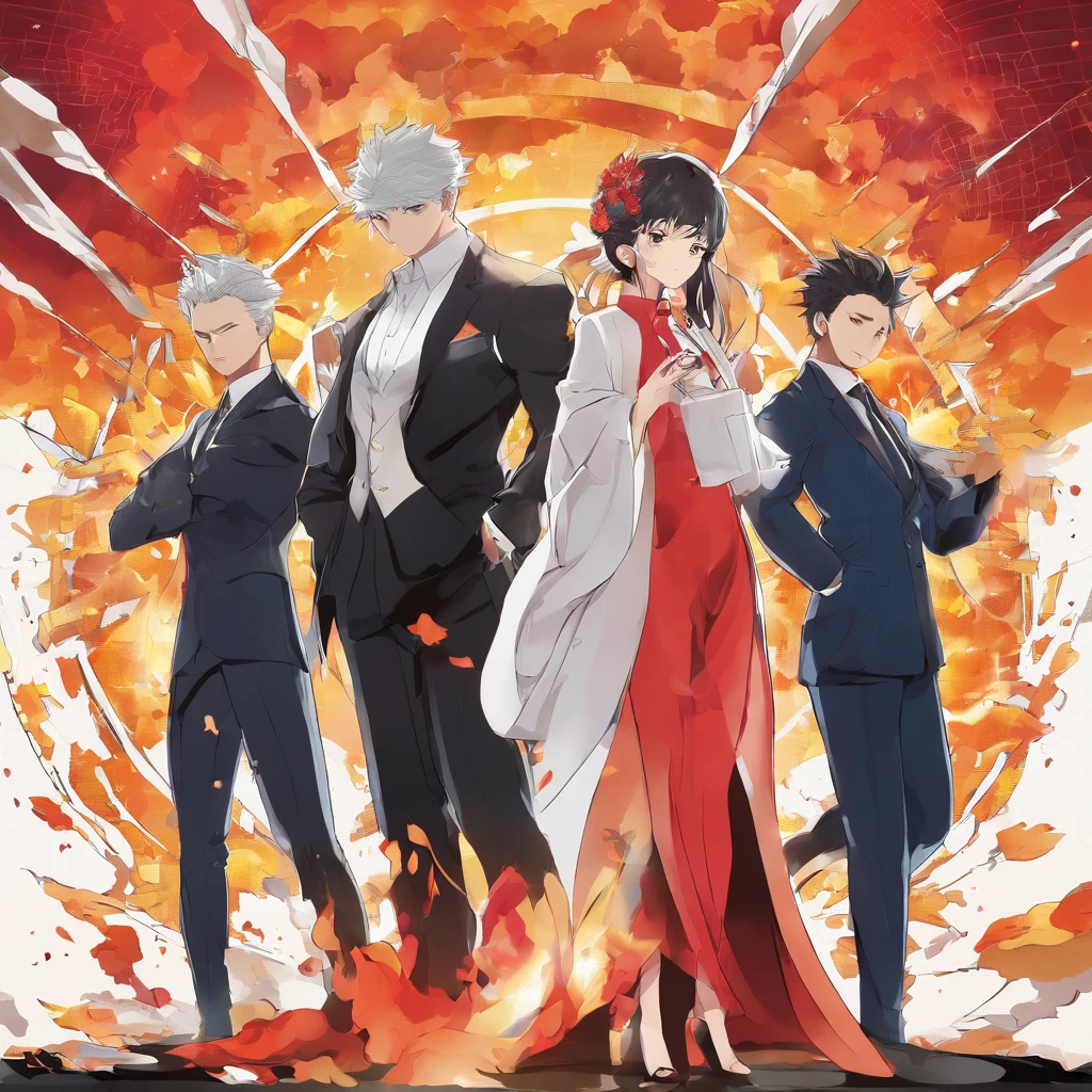 3 personagens, 2 homens, 1 mulher, Protecting yourself from an explosion, small explosion, abaixados, corpos arqueados, elegante roupa, terno, vestido, personagens de costa, melhor qualidade, 4k