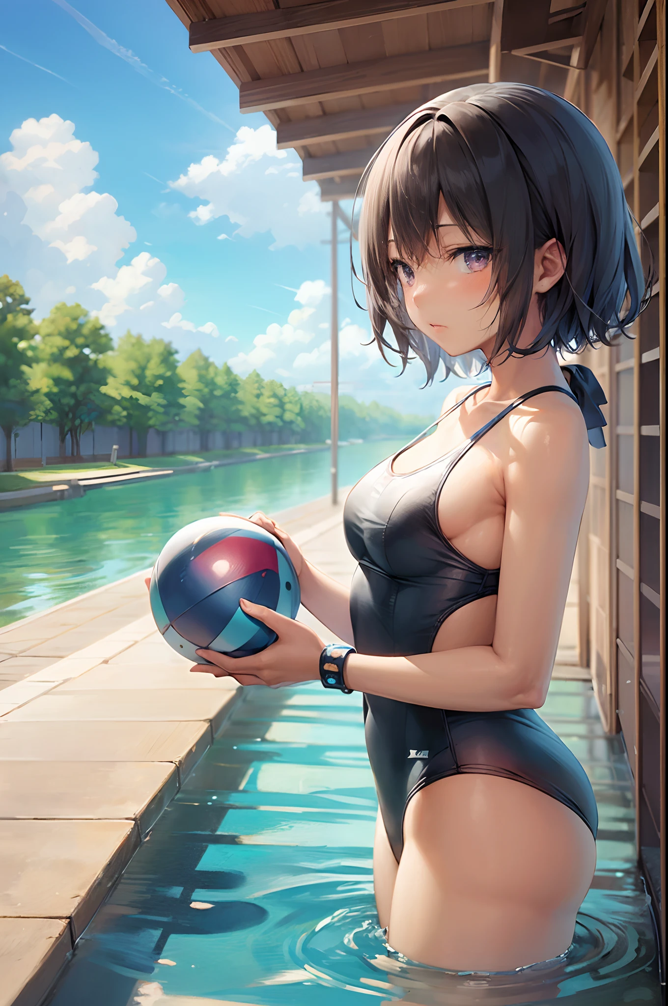 Small boats_Waterway Dark Skin Short Hari KK-70 Blue One Piece Swimsuit Rental, Best Quality, Official art, NSFW, best anatomy,yuuka,default