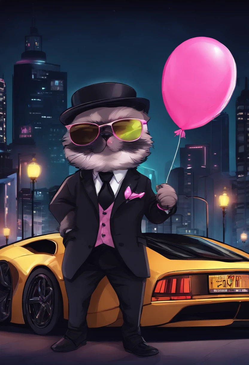 A masterpiece Chibi, Mafia boss, wearing a Black suit, holding a pink balloon,a top hat, sunglasses, drinking a beer, next to a sport car in a city at night, neon, bioluminicense, HD