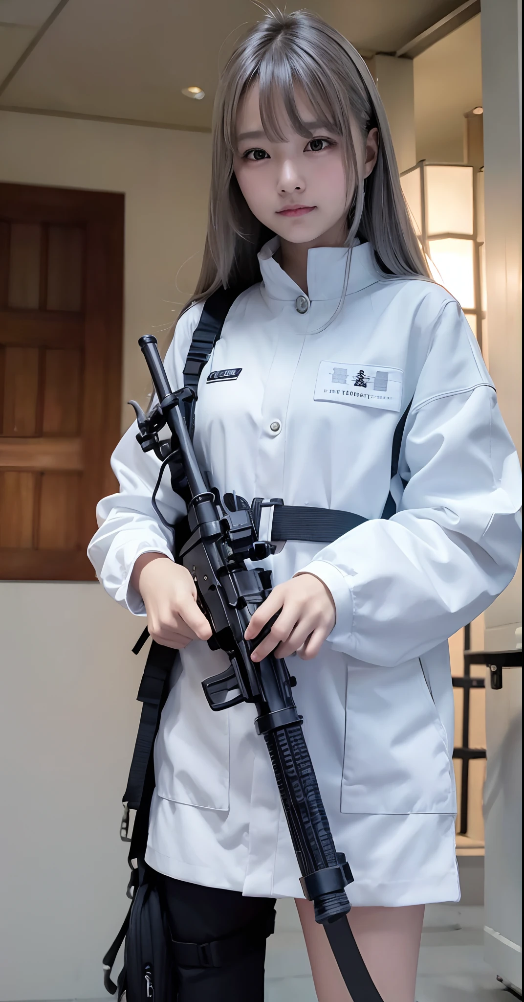 a perfect illustration of artifical intelliengence(。.AI) After 5143, 8K, Extremely detailed , flawless,hyperdetailed face,-yeld giEight-headed body,japanes,Silky light blue hair,Bitgirl,A device with an optical rifle in both hands,Background of the near future,During night combat,Rifle shooting scene,Smile,Dress Type,Wear a white troop jacket