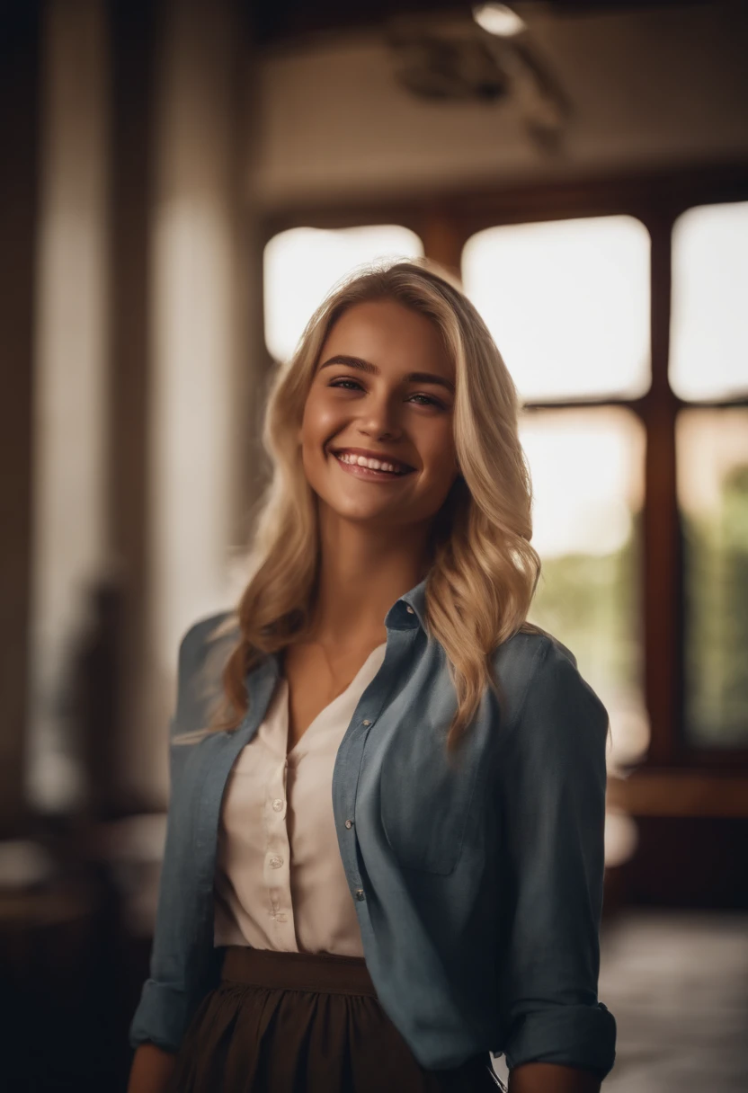 cute girl, smile, blonde hair, school outfit, unbutton shirt, super fine, great lighting, mini skirt