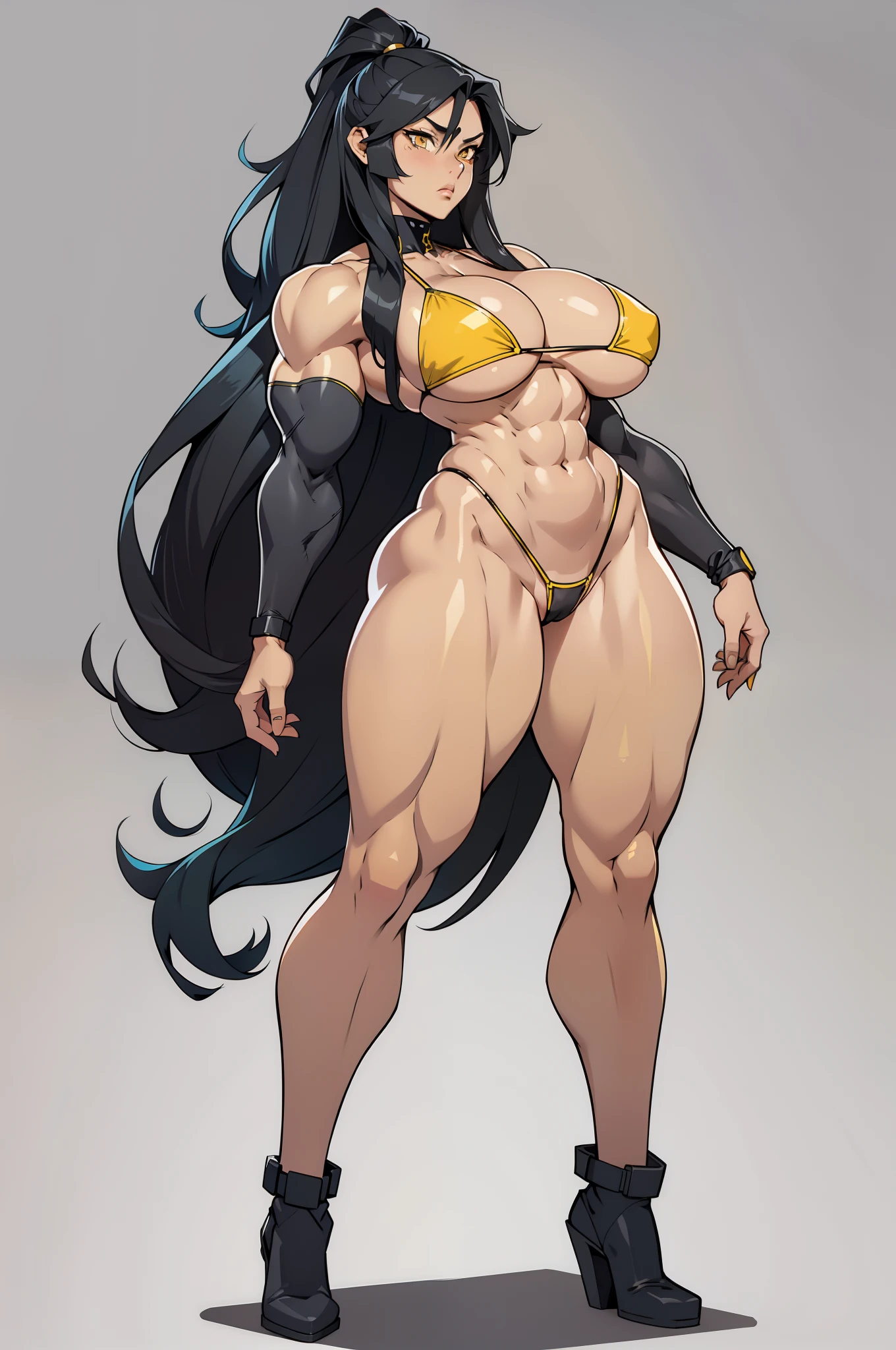 micro bikini, 1 girl, solo, grey background, black hair, yellow eyes, extremely long hair, full body, standing, huge breasts, thick thighs, thin waist, ((extremely muscular))