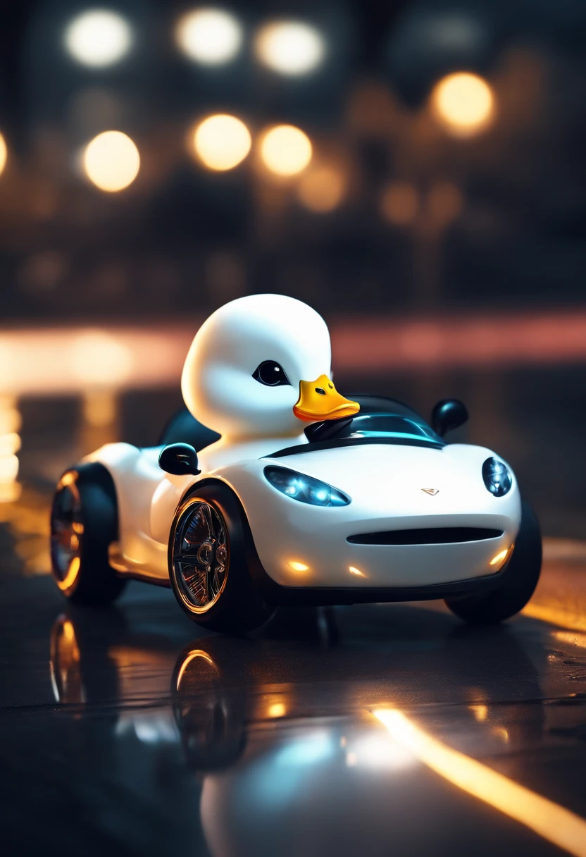 A masterpiece Chibi white duck animal, beautiful duck driving a sports car at night, neon, bioluminicense, HD