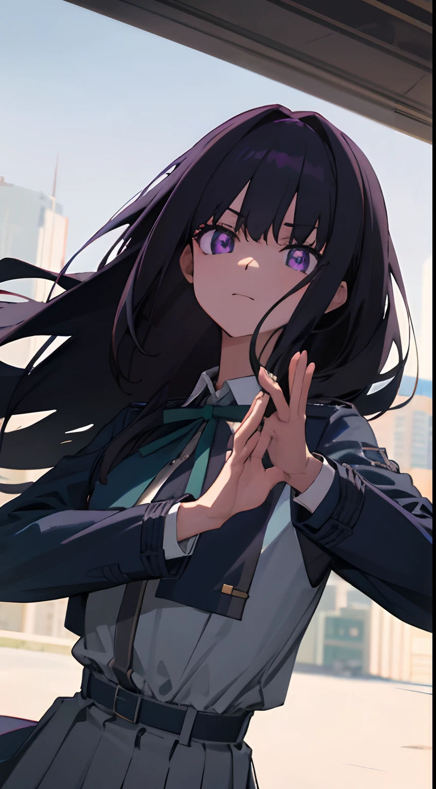 takinainoue, Inoue Takina, Long hair, bangs, Black hair, (Purple eyes:1.2), BREAK shirt, Long sleeves, dress, ribbon, school uniform, White shirt, Collared shirt, belt, Neck ribbon, Blue dress, Green Ribbon, Pleated dress, grey dress, Two-tone dresses, Blue belt, Lycoris Uniform, BREAK outdoors, City, Break (Masterpiece:1.2), Best quality, high resolution, Unity 8k wallpaper, (illustration:0.8), (Beautiful detailed eyes:1.6), Extremely detailed face, Perfect lighting, Extremely detailed CG, (Perfect hands, Perfect anatomy),