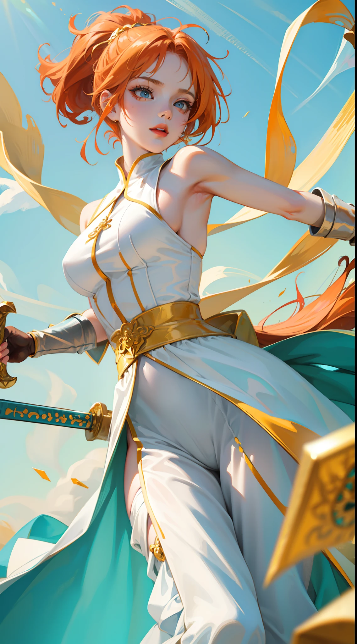 young girl, llong orange hair, Cyan eyes, white fencing dress, Sleeveless, open breasts, long skirt, sword, Gold Elements, gems, Masterpiece, hiquality