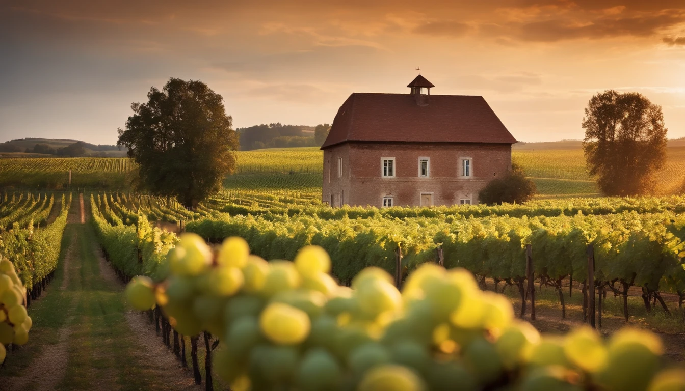 Swaying vineyards at sunset with ripe grapes and a rustic farmhouse in the background
